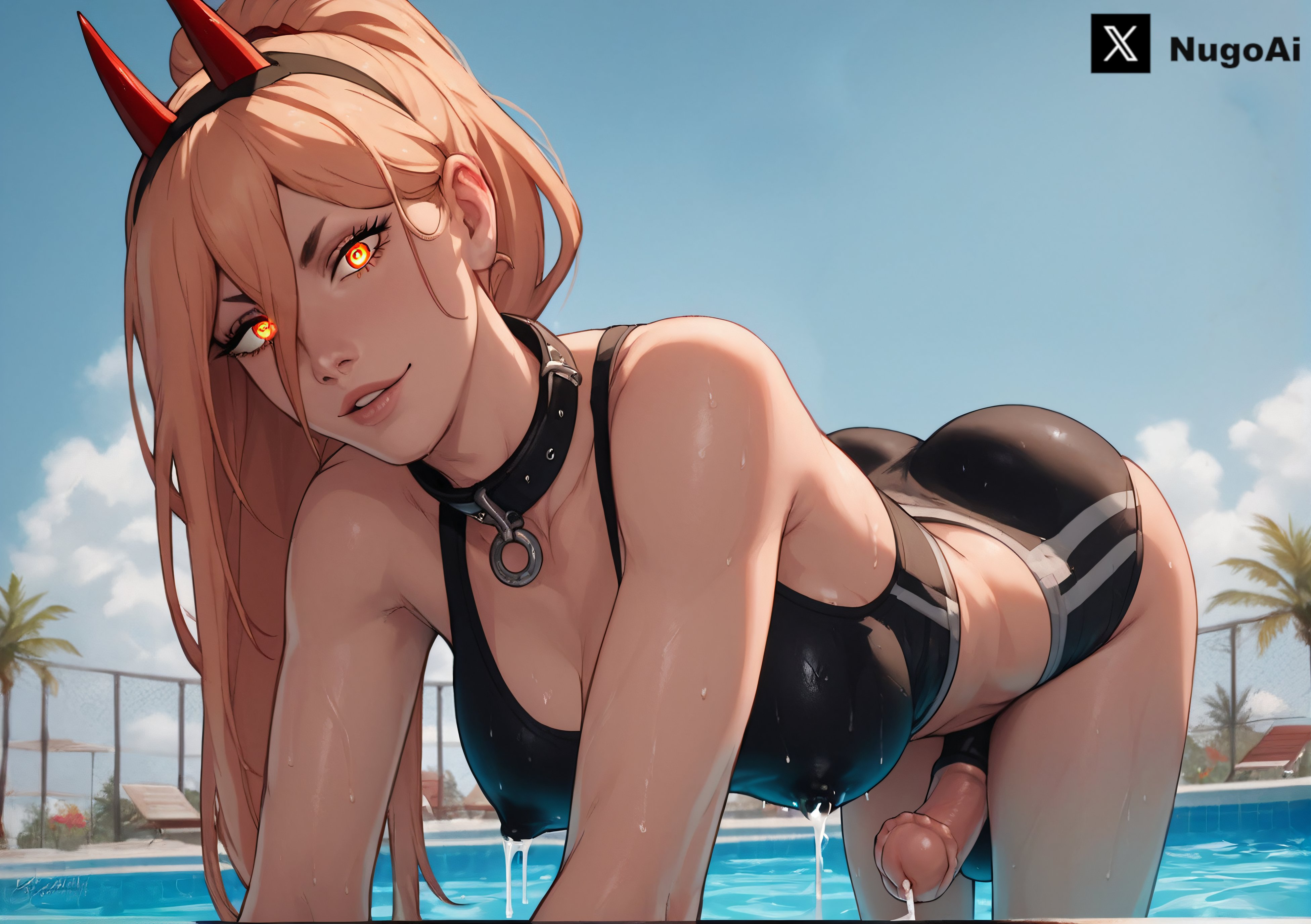 1futa, ai generated, animal genitalia on humanoid, blonde hair, breasts, chainsaw man, dickgirl, futa only, futanari, horns, horsecock, horsecock futa, human with animal genitalia, human with horsecock, intersex, light-skinned futa, milking, nugoai, penis, pool, power (chainsaw man), solo, swimsuit