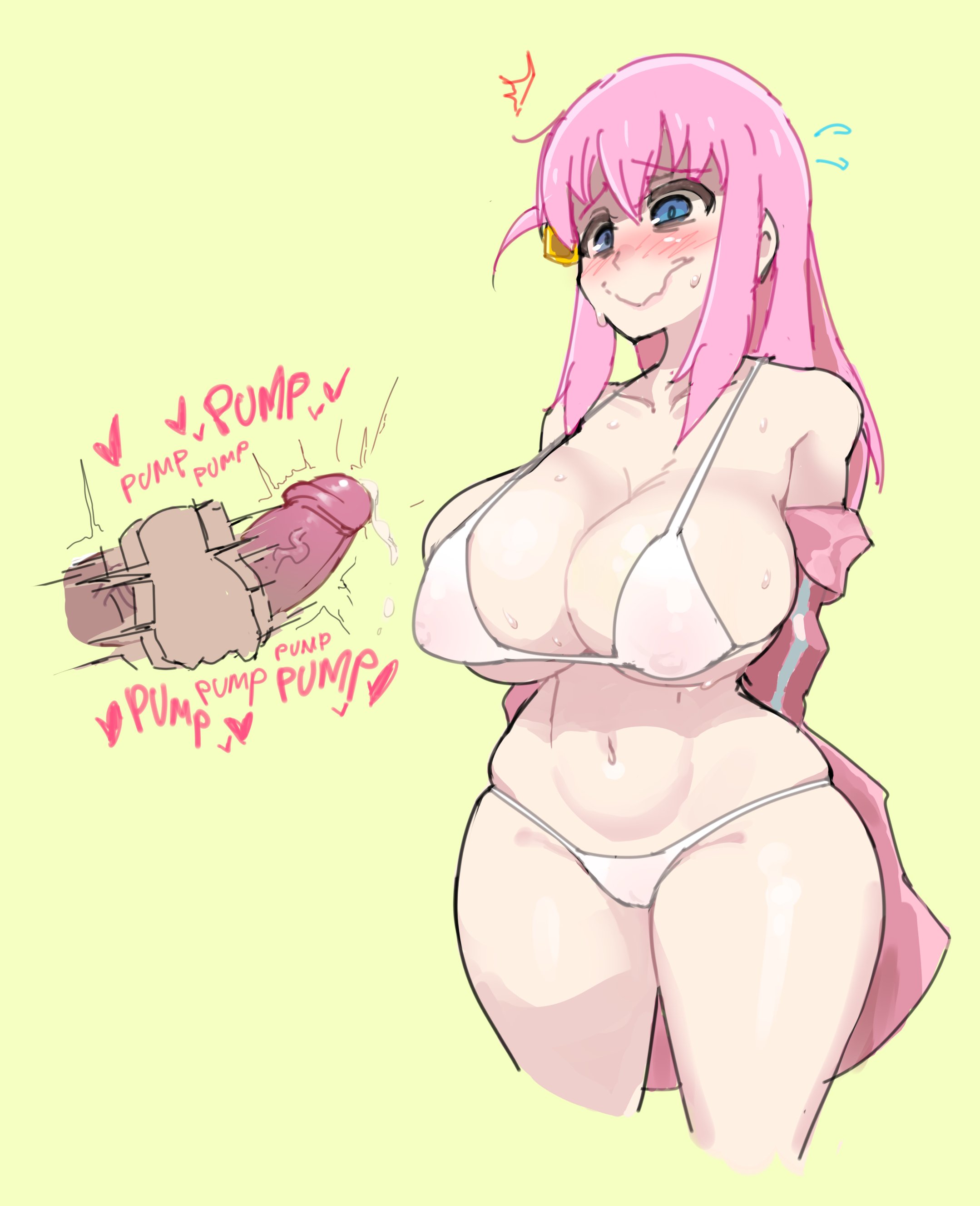 1boy, 1girls, alternate version available, big breasts, big hips, bikini, blue eyes, blush, blushing, bocchi the rock!, breasts, cleavage, curvy, curvy body, disembodied penis, female, gotou hitori, hips, jerking, male, masturbation, navel, nervous, penis, pink hair, sweating, textless version, thick thighs, thighs, triple-q, wide hips