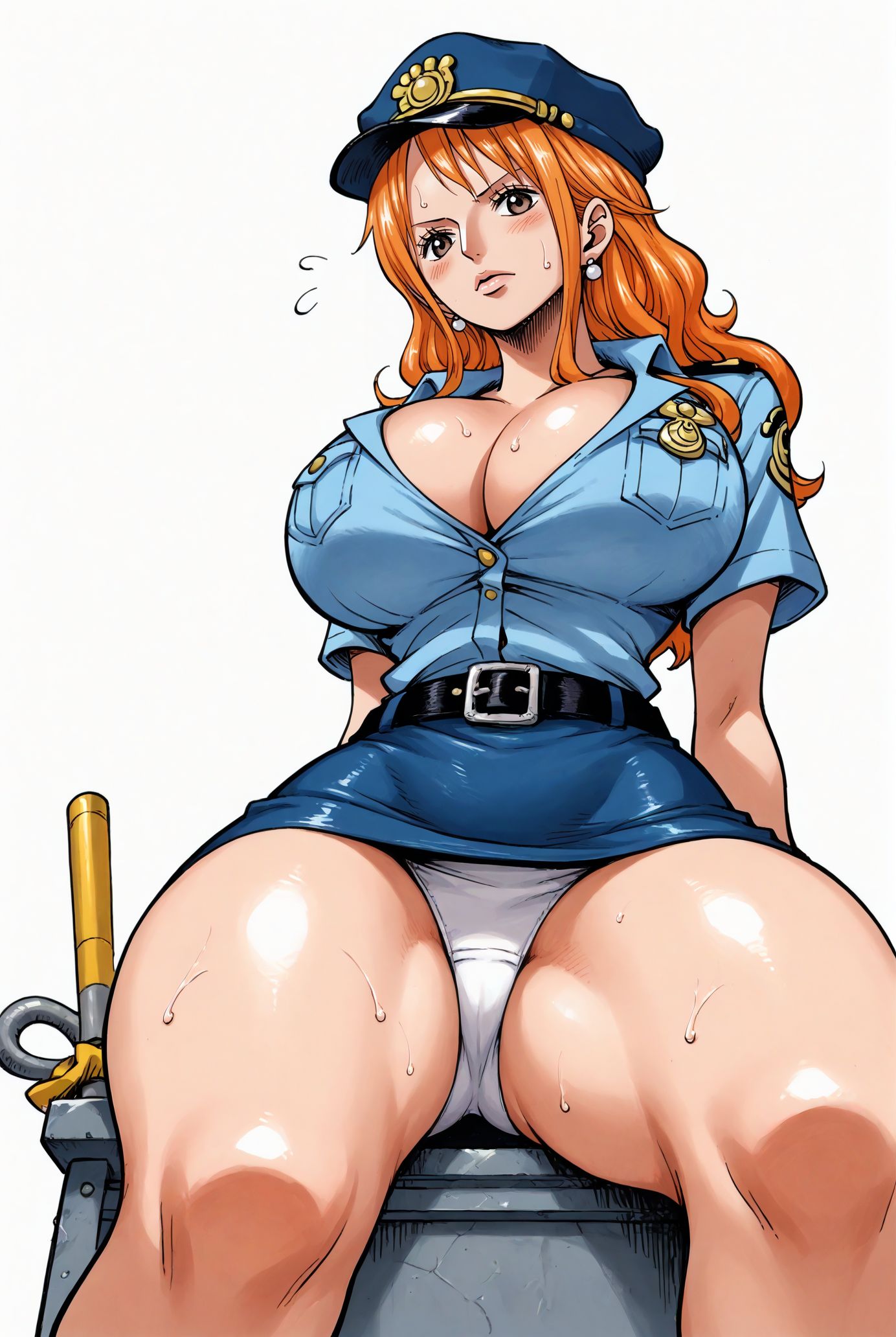 ai_generated alluring big_breasts blush breasts brown_eyes cleavage female female_only long_hair looking_at_viewer nami nami_(one_piece) one_piece open_mouth orange_hair police_hat police_officer police_uniform policewoman seducing seduction seductive seductive_body seductive_eyes seductive_gaze seductive_look seductive_mouth seductive_pose shiny_hair shiny_skin sitting skirt sweat sweatdrop sweating sweaty sweaty_body tongue_out voluptuous voluptuous_female yashin