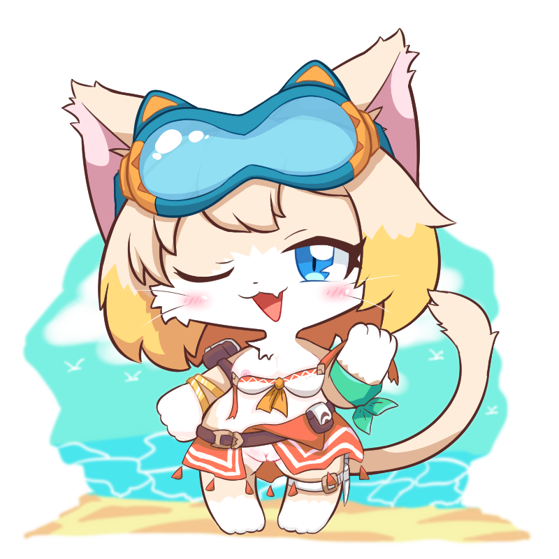 alpha_channel anthro barefoot beach blue_eyes blush breasts cat_busters chibi chibi_style clothing cloud colanukl cygames day digital_media_(artwork) domestic_cat eyewear eyewear_on_head feet felid feline felis female genitals goggles goggles_on_head innuendo looking_at_viewer mammal mia_(world_flipper) nipples one_eye_closed outside pussy solo swimwear tail water whiskers world_flipper