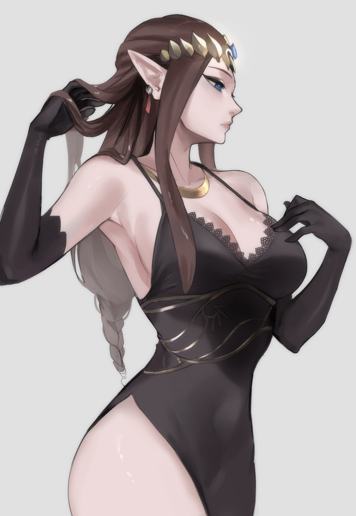 1girls, big breasts, black dress, blue eyes, breasts, brown hair, busty, cleavage, dress, female, light skin, light-skinned female, long gloves, nintendo, pointy ears, princess zelda, the legend of zelda, thighs, tommy (kingdukeee), twilight princess, zelda (twilight princess)