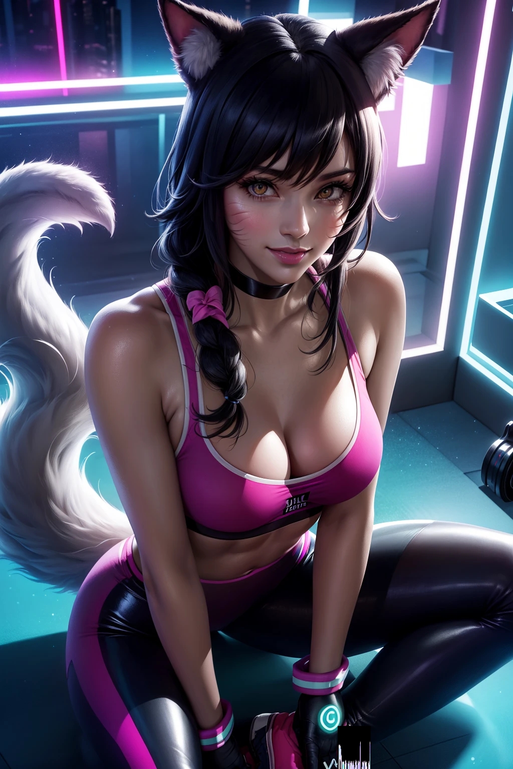 abdomen abdominals ahri ai_generated anime anime_style bare_shoulders belly_button black_hair braid breasts choker clavicle cleavage close-up collarbone cowboy_shot cute female female_focus female_only fox_ears fox_girl fox_tail from_above glass gloves hair hands_between_legs hd hd_(traditional) league_of_legends leggings light light-skinned_female light_body light_skin lighting lips lipstick looking_at_viewer medium_breasts navel neon neon_lights realistic riot_games shiny_breasts shiny_clothes shiny_hair shiny_skin simple_background sitting sky4maleja smile smile_at_viewer sport sports sports_bra sports_uniform spread_legs straight_hair tail thick_thighs vastaya watermark yellow_eyes