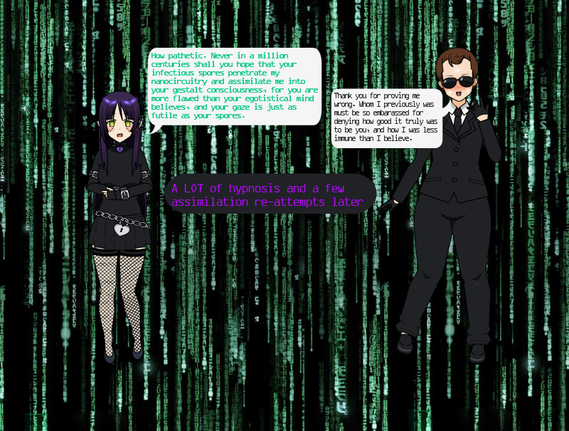 after_transformation agent_smith assimilation before_and_after before_transformation black_goo ftm_transformation gender_transformation goo_dripping goo_transformation kisekae mental_transformation post_transformation pre_transformation robot_girl self_upload the_matrix twinning unseen_character