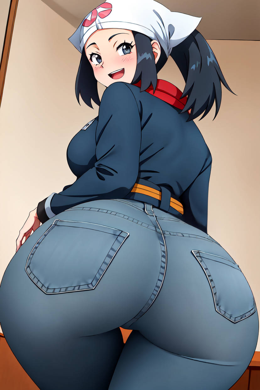 ai_generated akari_(pokemon) arms_at_sides ass_focus big_ass blue_jeans blush busty creatures_(company) curvy denim_jeans female female female_only from_behind game_freak gray_eyes headwear hi_res highres huge_ass jeans long_sleeves looking_back nintendo pokemon pokemon_(game) pokemon_legends:_arceus pokemon_trainer posing seraphim_ai smile solo stable_diffusion tight_jeans uniform