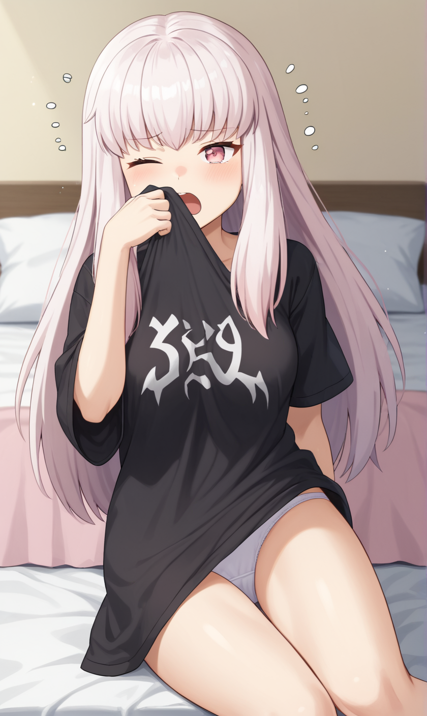 1girls ai_generated black_shirt female female_only fire_emblem fire_emblem:_three_houses kslgsnb lysithea_von_ordelia nintendo one_eye_closed open_mouth panties pink_eyes pixai shirt sleepy solo teenage_girl teenager thighs underwear white_hair white_panties yawn