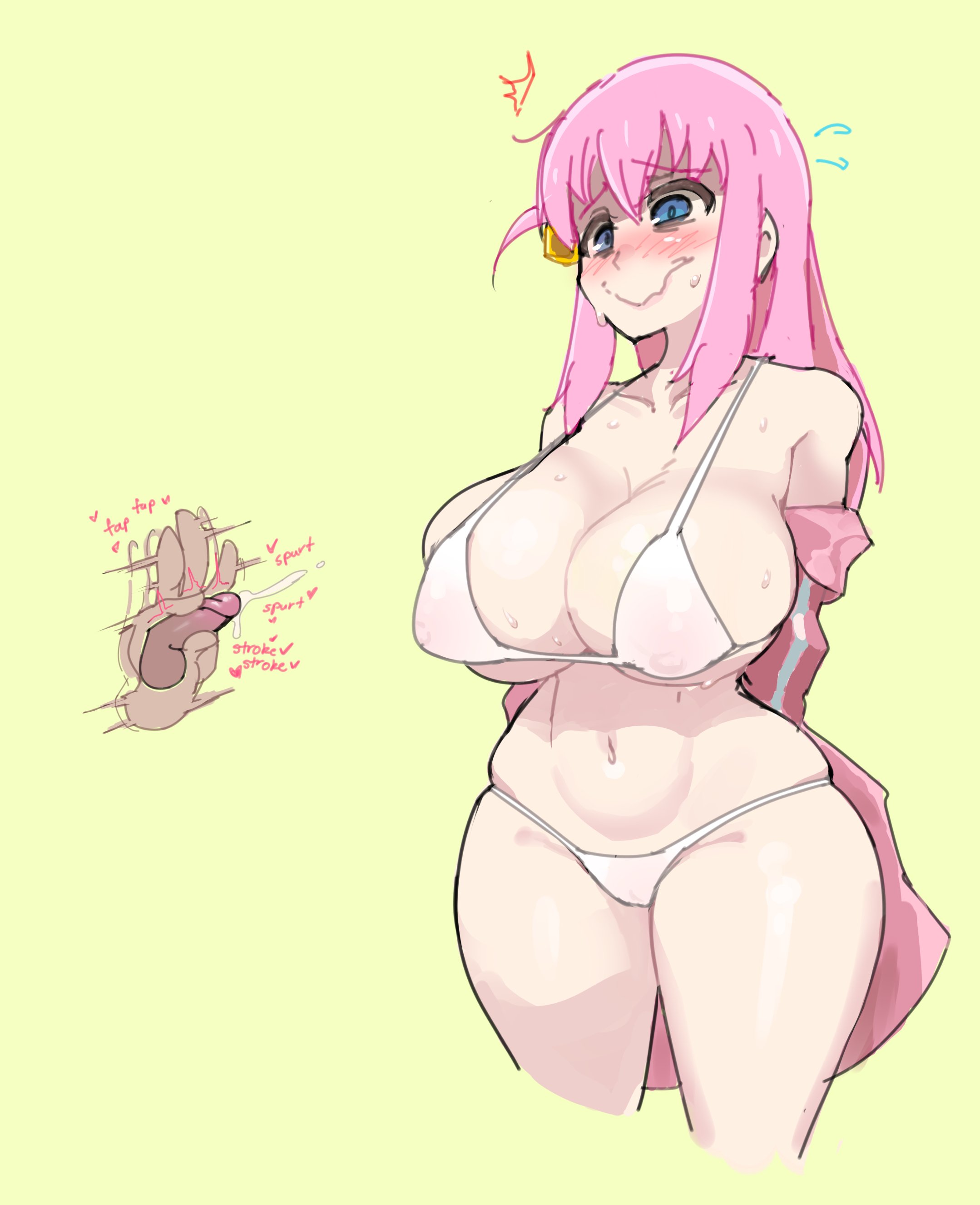 1boy, 1girls, alternate version available, big breasts, big hips, bikini, blue eyes, blush, bocchi the rock!, breasts, cleavage, disembodied penis, female, gotou hitori, hips, jerking, male, masturbation, navel, nervous, penis, pink hair, small penis, sweating, textless version, thick thighs, thighs, triple-q, wide hips