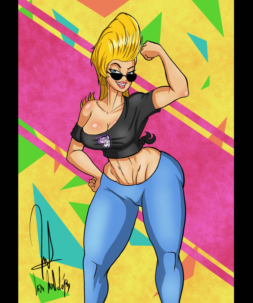 big_ass big_breasts big_butt cleavage flexing flexing_bicep gender_transformation genderswap_(mtf) jenny_bravo johnny_bravo_(series) looking_at_viewer midriff pompadour rambonaitor93 rule_63 smile smiling smiling_at_viewer sunglasses thick thick_thighs