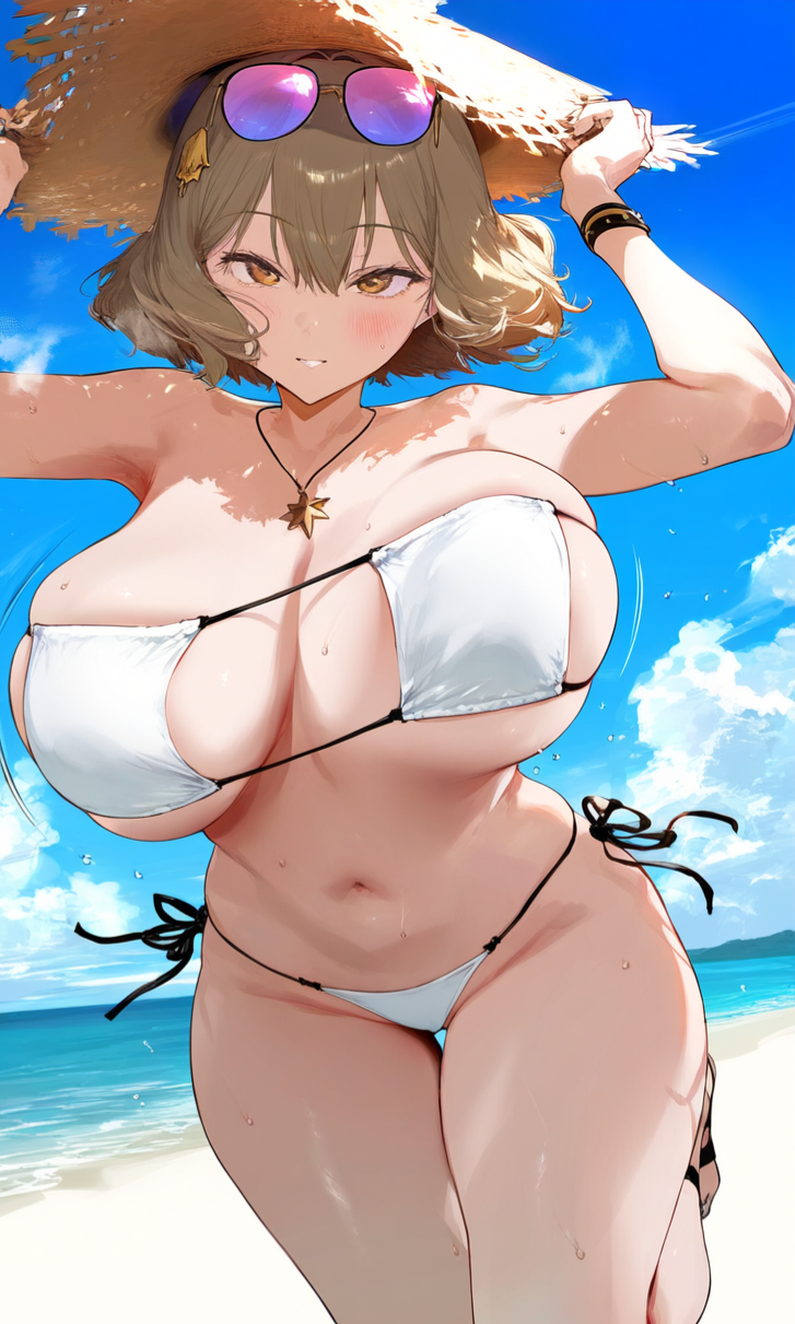 ai generated, anis (nikke), anis (sparkling summer) (nikke), arms up, beach, big breasts, blonde hair, bouncing breasts, breasts, female, goddess of victory: nikke, hair ornament, hat, huge breasts, jumping, large breasts, looking at viewer, short hair, smile, straw hat, yellow eyes