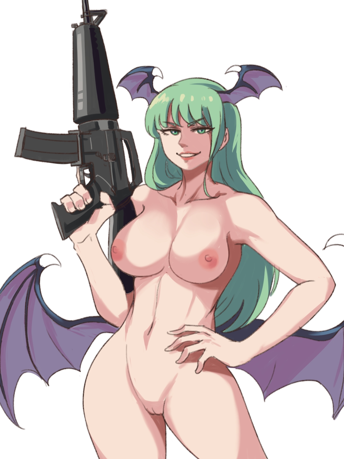 breasts, capcom, darkstalkers, demon, female, female only, firearm, green hair, gun, looking at viewer, m16, morrigan aensland, nude, pussy, small breasts, solo, succubus, tinafate1, weapon, white background
