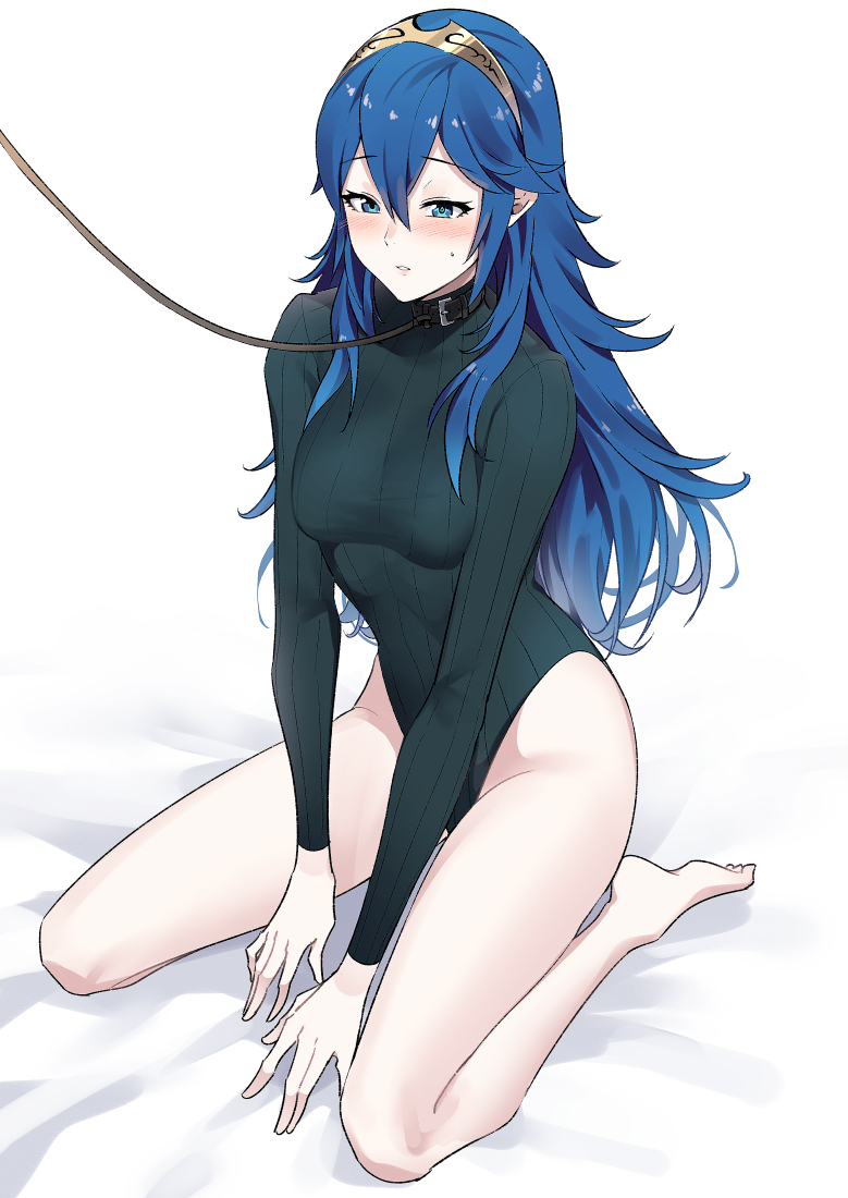 1girls alternate_costume ameno_(a_meno0) animal_collar barefoot black_leotard blue_eyes blue_hair blush bondage bound breasts collar female female_only femsub fire_emblem fire_emblem_awakening hair_between_eyes highleg highleg_leotard leash leotard long_hair lucina_(fire_emblem) medium_breasts nintendo restrained ribbed_leotard sitting solo sweatdrop tiara toes turtleneck turtleneck_leotard white_background