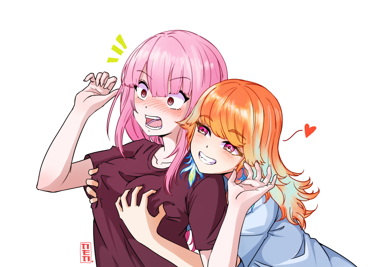 2girls, breast grab, breasts, female, female only, grabbing from behind, groping, hololive, hololive english, hololive myth, mori calliope, multiple females, multiple girls, nen nen koro4, takamori (hololive), takanashi kiara, virtual youtuber, yuri