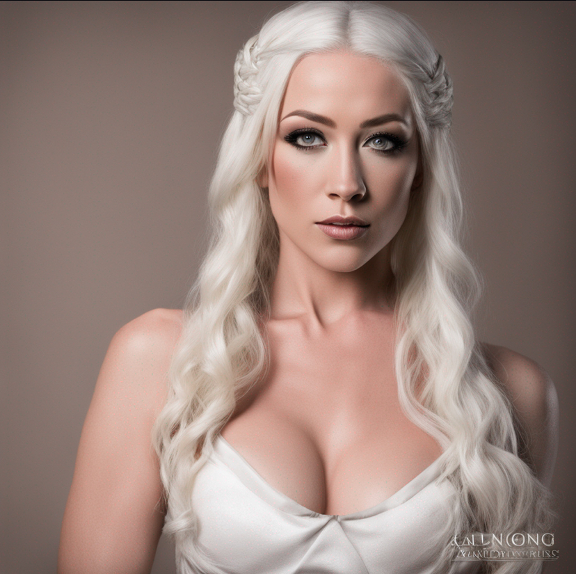 ai_generated cleavage eyelashes game_of_thrones grey_eyes lips porn_star porn_star_jennifer_white targaryen white_hair white_hair_female white_top