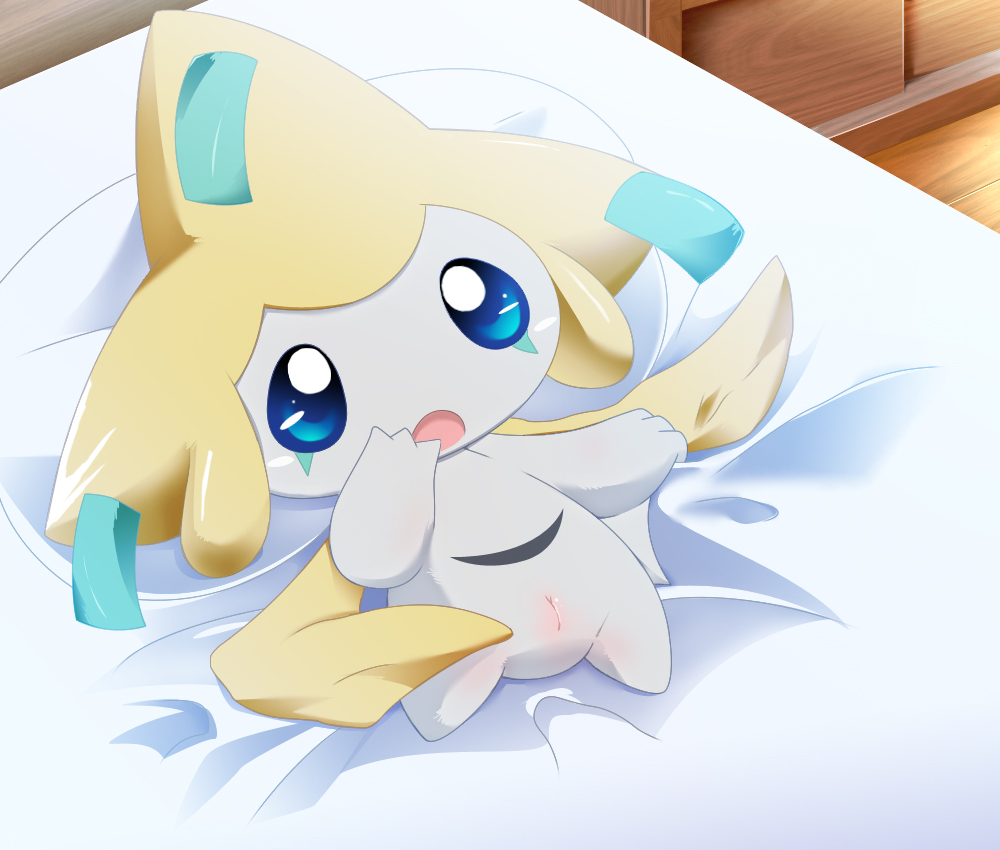 bed blue_eyes female furniture generation_3_pokemon genitals harusupu jirachi legendary_pokemon lying nintendo on_back on_bed pillow pokemon pokemon_(species) pussy solo white_body yellow_body