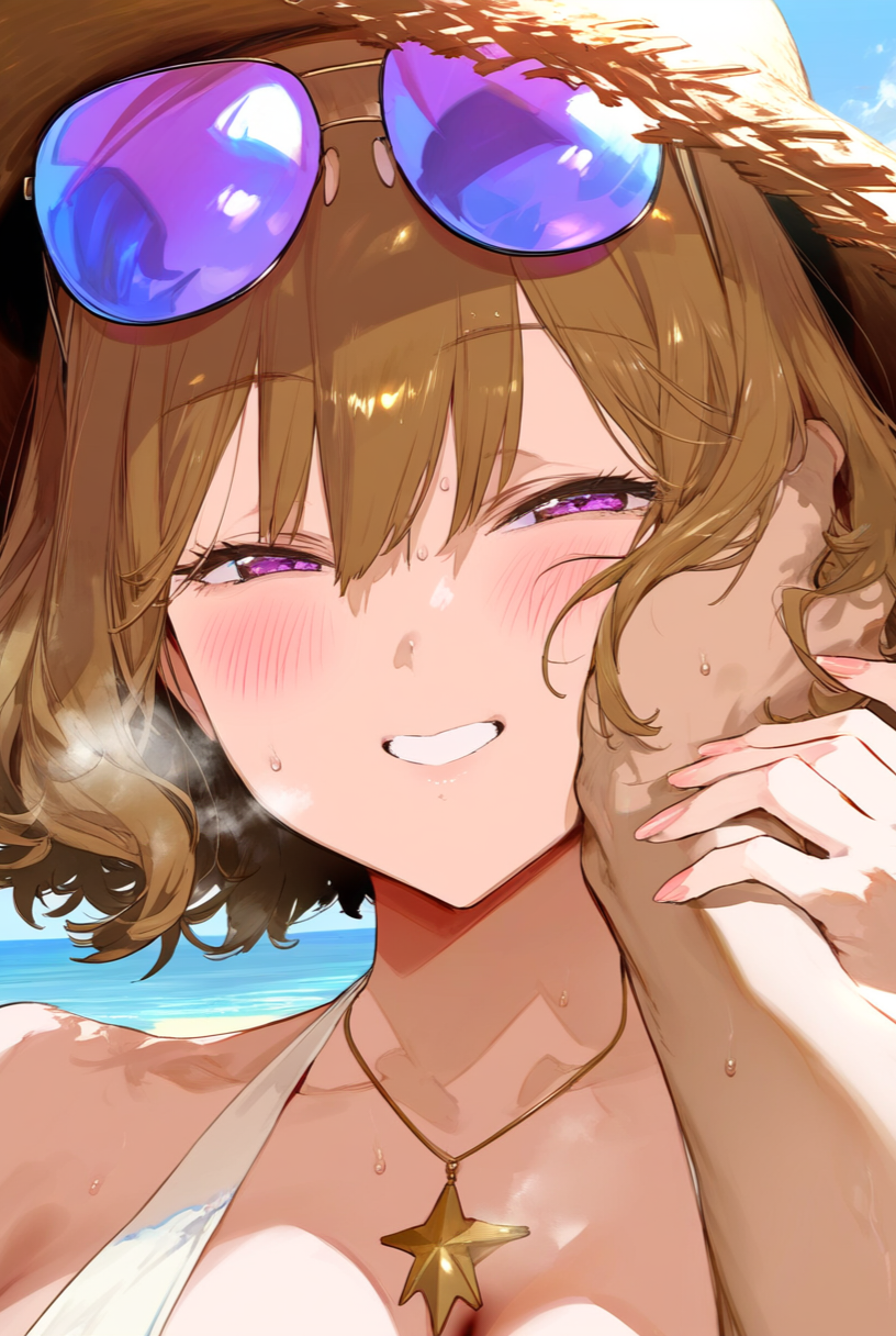 1boy, ai generated, anis (nikke), anis (sparkling summer) (nikke), beach, big breasts, blonde hair, breasts, female, goddess of victory: nikke, hair ornament, hand on another's head, hand on face, huge breasts, large breasts, looking at viewer, male, short hair, smile, yellow eyes