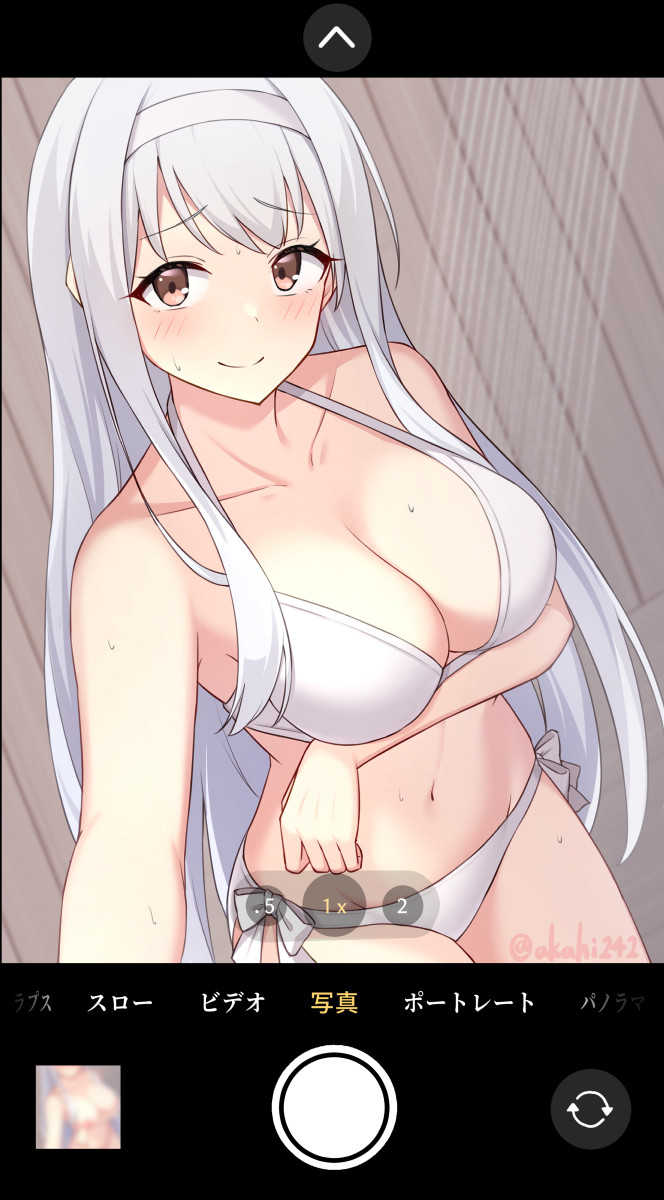 akahi242 blush camera camera_pov camera_view kantai_collection large_breasts nervous nervous_smile phone_camera reaching_out shoukaku_(kantai_collection) signature smile sweat taking_selfie twitter_username white_bikini