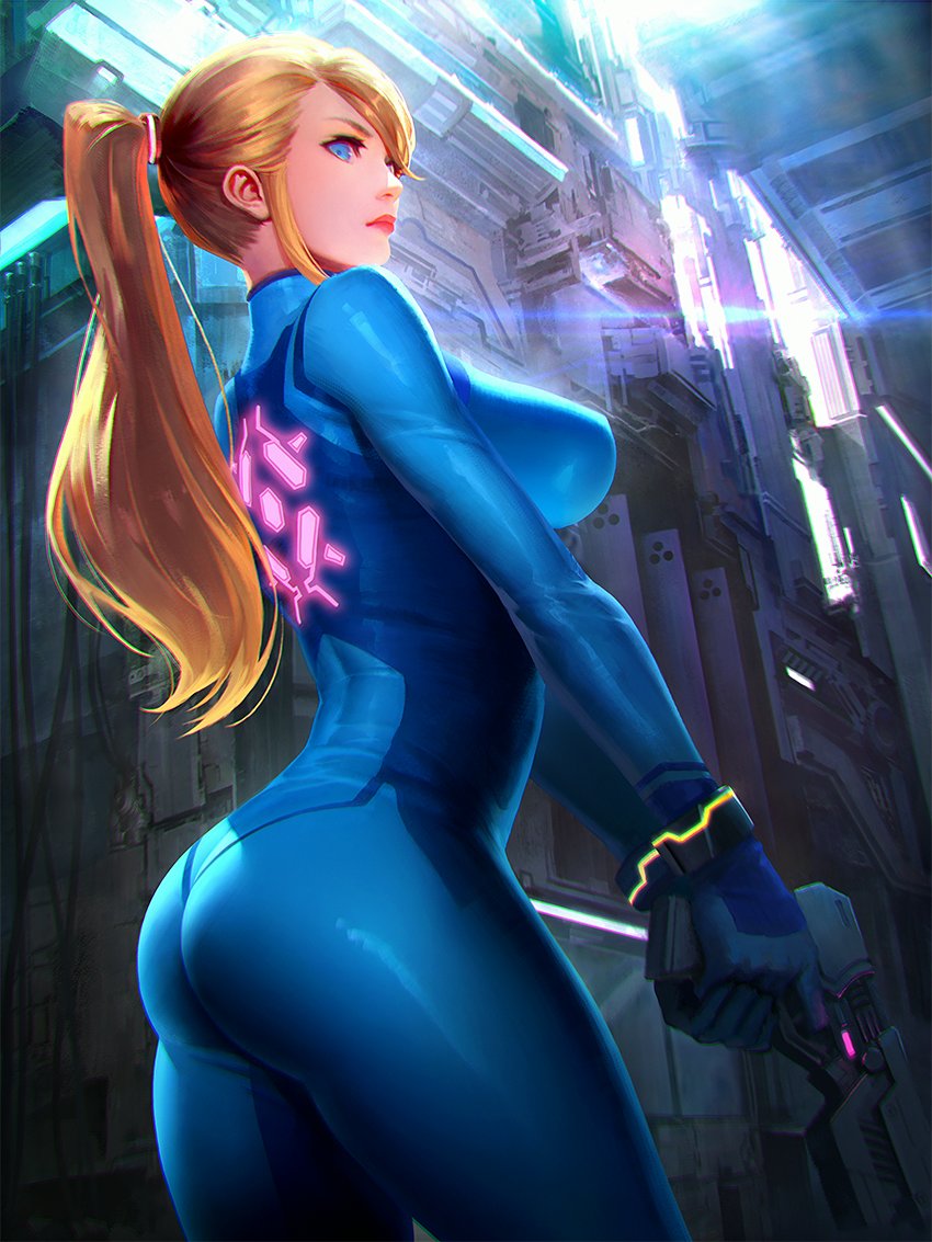ass, big ass, blonde hair, blue eyes, breasts, busty, female, large breasts, lipstick, long hair, metroid, nintendo, samus aran, shuichi wada, tight clothing, zero suit, zero suit samus