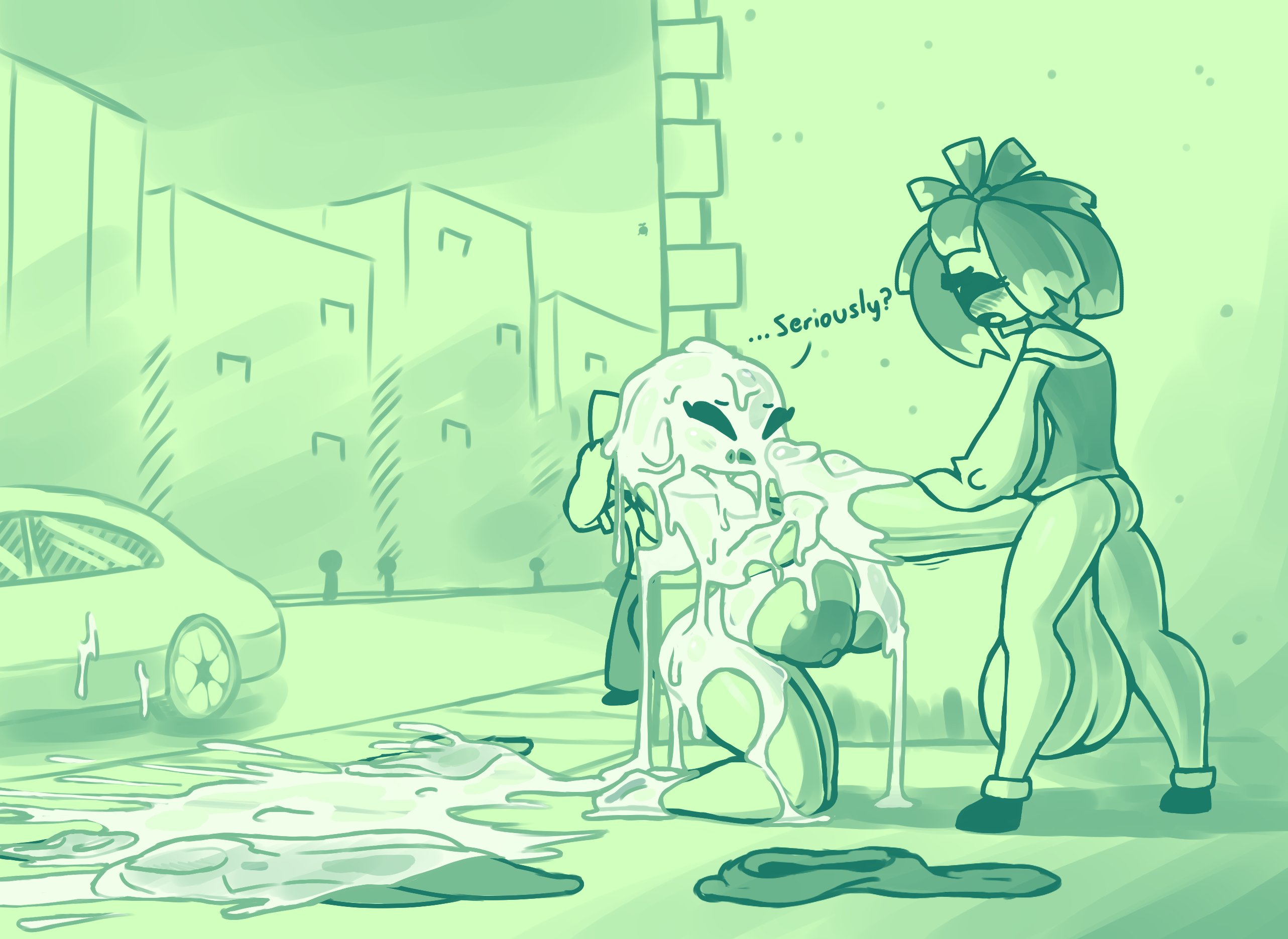 2020, alley, anthro, balls, bella (screwroot), big balls, big breasts, big penis, big testicles, blush, bottomless, breasts, building, car, casual bukkake, caught, caught in the act, clothed male nude female, covering eyes, cum, cum all over, cum on body, cum on clothes, cum on face, cum on penis, cumming, discarded clothing, excessive cum, exhibitionism, female, flora fauna, hand on penis, huge balls, huge cock, huge testicles, kneeling, male, male/female, messy, nipples, open mouth, oversized balls, penis, pent up, public, public nudity, public sex, schwartz (vonjungle), screwroot, straight, street, testicles