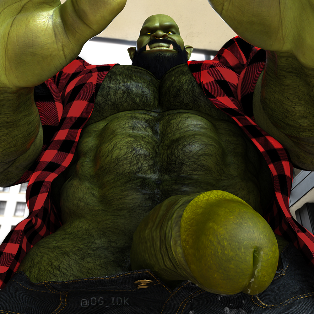 1boy, 3d, bald, beard, blue jeans, close-up, erect penis, erection, facial hair, flannel shirt, foreskin, green skin, hairy, looking at viewer, male, male only, muscular, muscular male, nose piercing, nose ring, og idk, open shirt, orc, orc male, pants open, penis, penis close-up, pointy ears, retracted foreskin, septum piercing, solo, tusks, uncircumcised, uncut, veiny