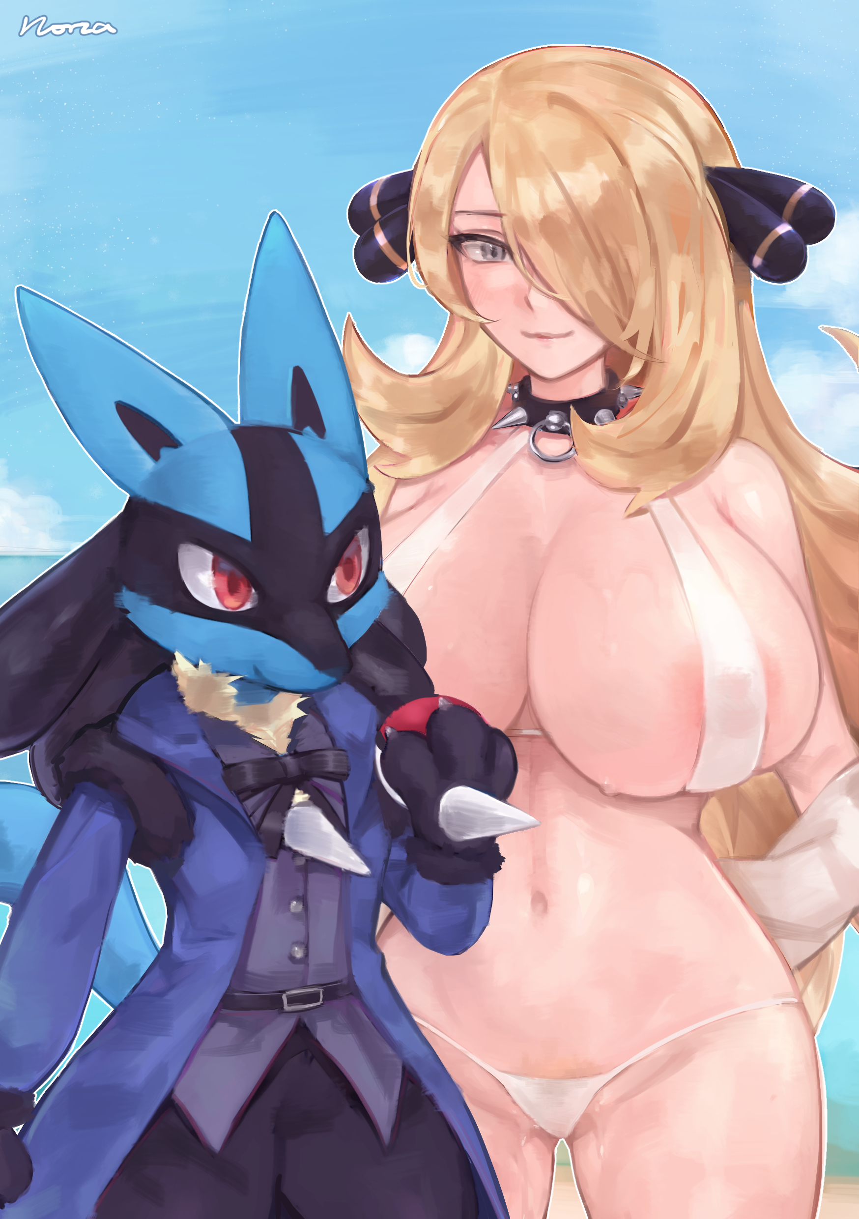 1boy, 1girls, anthro, big breasts, bikini, blonde, blonde female, blonde hair, blush, breasts, collar, cynthia (pokemon), female, femsub, grey eyes, hair ornament, happy sub, holding, larger female, long hair, lucario, male, maledom, nintendo, nipple bulge, norza, pokemon, pokemon (species), pokemon champion, pokemon dppt, red eyes, size difference, small dom big sub, smaller male, smile, spiked collar, standing, thick thighs, thong