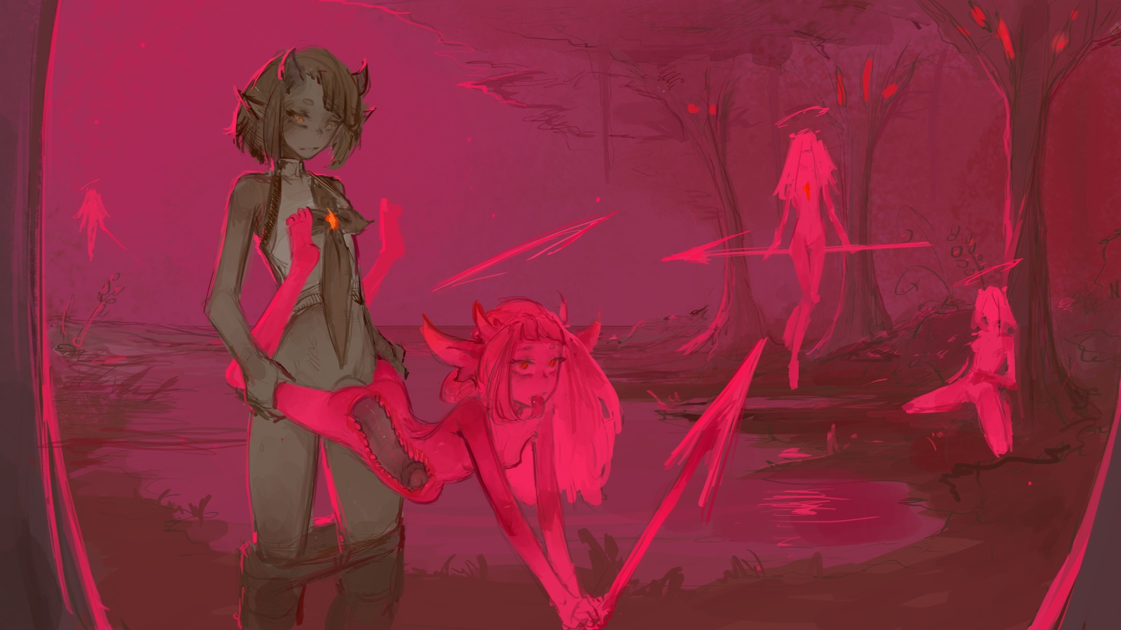 16:9, 1boy, 3girls, ahe gao, ambiguous penetration, angel, ass, bangs, black hair, breasts, clothed, clothed male nude female, clothed/nude, clothing, demon, demon humanoid, duo focus, female, female penetrated, femboy, femboy on female, femboydom, femsub, floating, forest, from behind position, genitals, girly, glowing, grey body, grey skin, group, hair, halo, hi res, holding object, holding spear, holding weapon, horn, horned humanoid, huge cock, humanoid, humanoid pointy ears, hung trap, kneeling, long hair, looking pleasured, male, male penetrating, male penetrating female, male/female, maledom, melee weapon, monster boy, monster girl, multiple females, multiple girls, nude, open mouth, orange eyes, partially clothed, penetration, penis, pink body, pink eyes, pink hair, plant, polearm, see-through, sex, short hair, small breasts, spear, standing, stomach bulge, syvaron, tongue, tongue out, transparent body, tree, weapon, wheelbarrow position, widescreen, x-ray