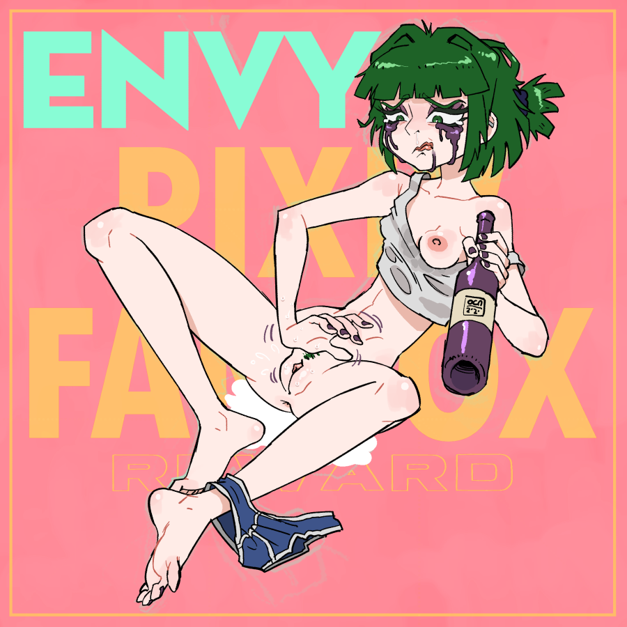 1girls, alcohol, bottle, bottomless, breast outside, breasts, crying, drunk, feet, female, female masturbation, green hair, masturbation, oca, one breast out, original, pale, panties around one leg, pussy, pussy juice, running mascara, short hair, small breasts, solo, spread legs, text background