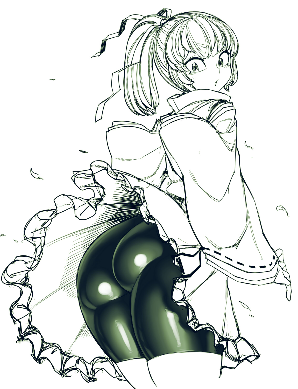 1girls, ass, ass focus, bangs, big ass, big butt, bike shorts, bubble ass, bubble butt, female, female only, huge ass, huge butt, large ass, large butt, long sleeves, looking back, monochrome, mononobe no futo, ponytail, reflective clothing, sketch, solo, solo female, spacezin, tagme, touhou, traditional clothes, upskirt, wind, wind lift
