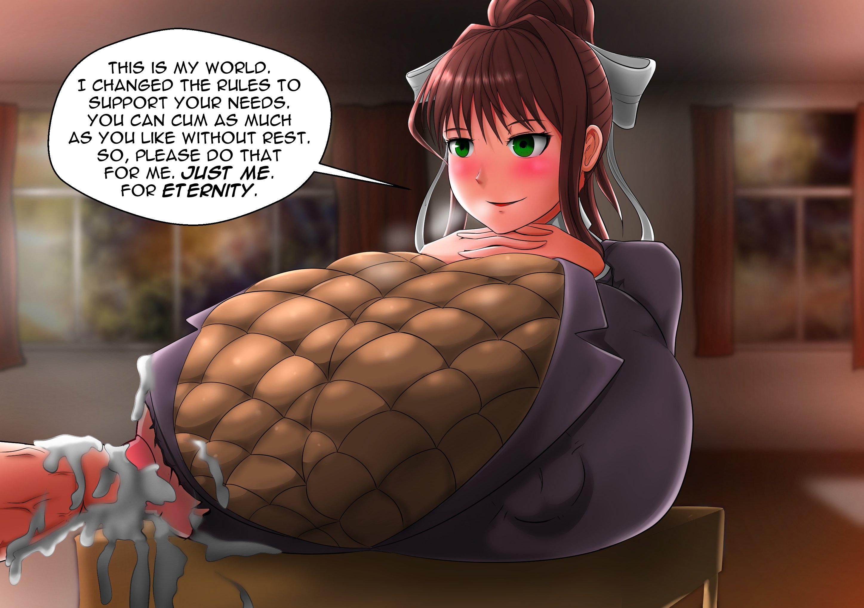 bow, breasts, brown hair, cum, doki doki literature club, escapefromexpansion, female, gigantic breasts, green eyes, hand on breast, huge breasts, huge nipples, hyper, hyper breasts, monika (doki doki literature club), nipple bulge, nipple fucking, nipple penetration, nipples, speech bubble