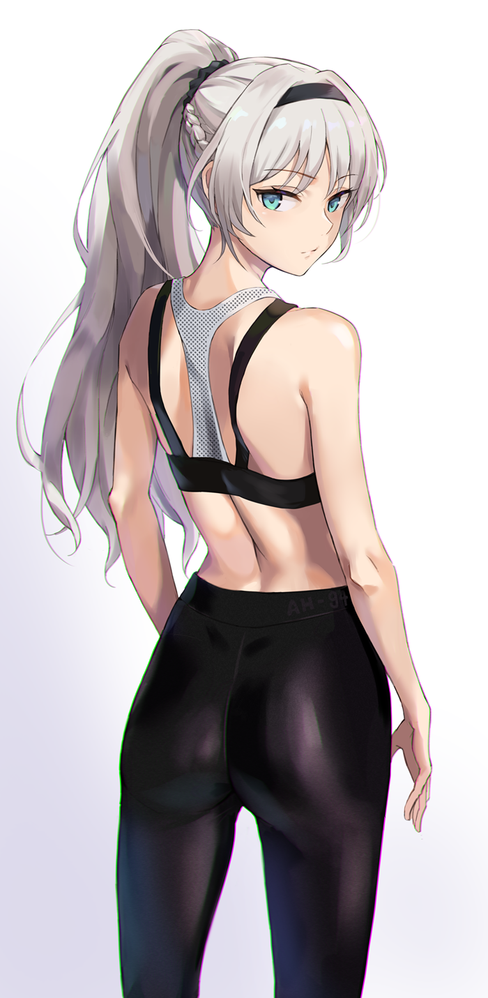 1girls an-94_(girls'_frontline) aqua_eyes ass ass_focus athletic athletic_female back bare_back bare_shoulders black_legwear black_pants bra braid cowboy_shot female female_only from_behind girls'_frontline high_ponytail leggings long_hair looking_at_viewer looking_back niac ponytail silver_hair solo sports_bra sportswear tight_clothing toned toned_female yoga_pants