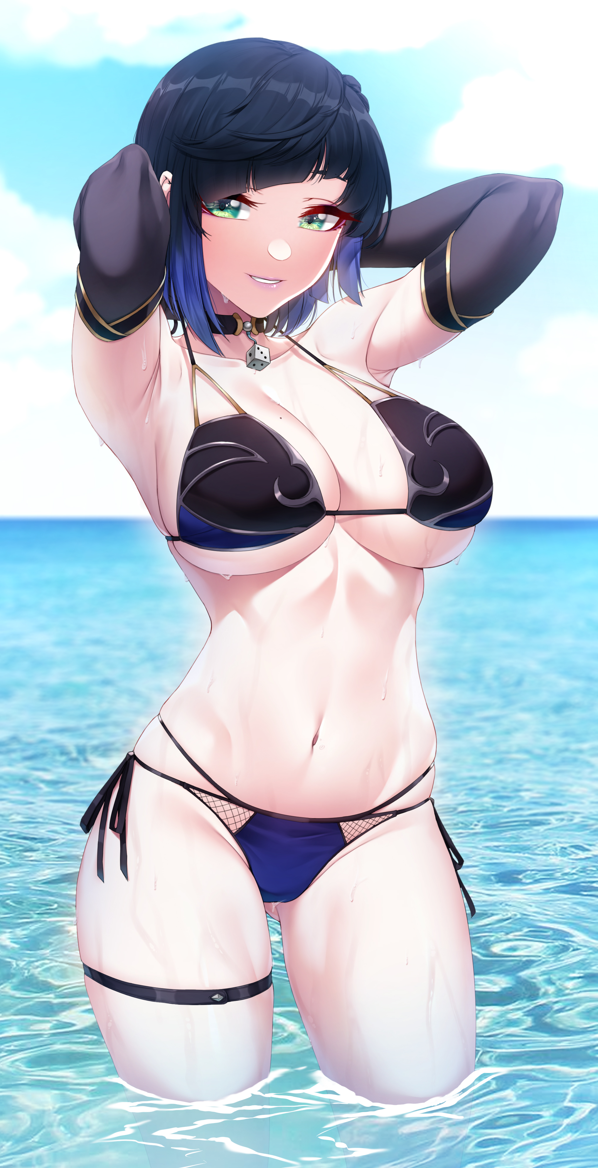 1girls, 2022, akchu, armpits, arms behind head, arms up, black hair, blush, breasts, female, female only, genshin impact, green eyes, hi res, hips, huge breasts, looking at viewer, outdoors, short hair, slim waist, smile, thick thighs, thighs, water, wet, wide hips, yelan (genshin impact)