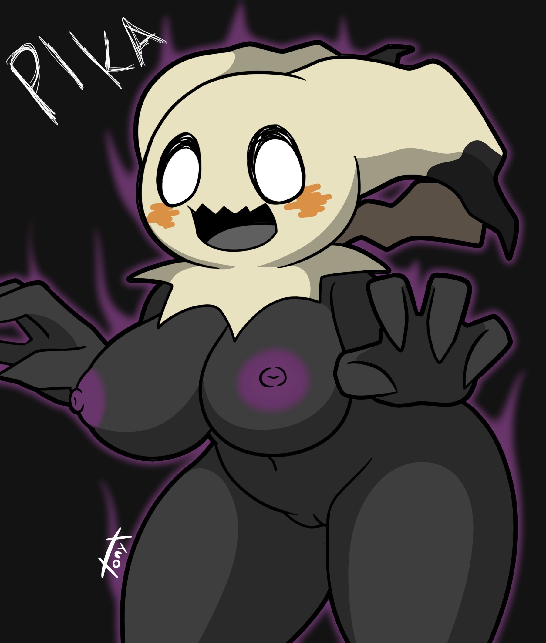 big breasts, black body, breasts, exposed pussy, female, female only, ghost, large breasts, mimikyu, nipples, open mouth, pokemon, pussy, solo, text, thick thighs, tonytoran, video games, wide hips