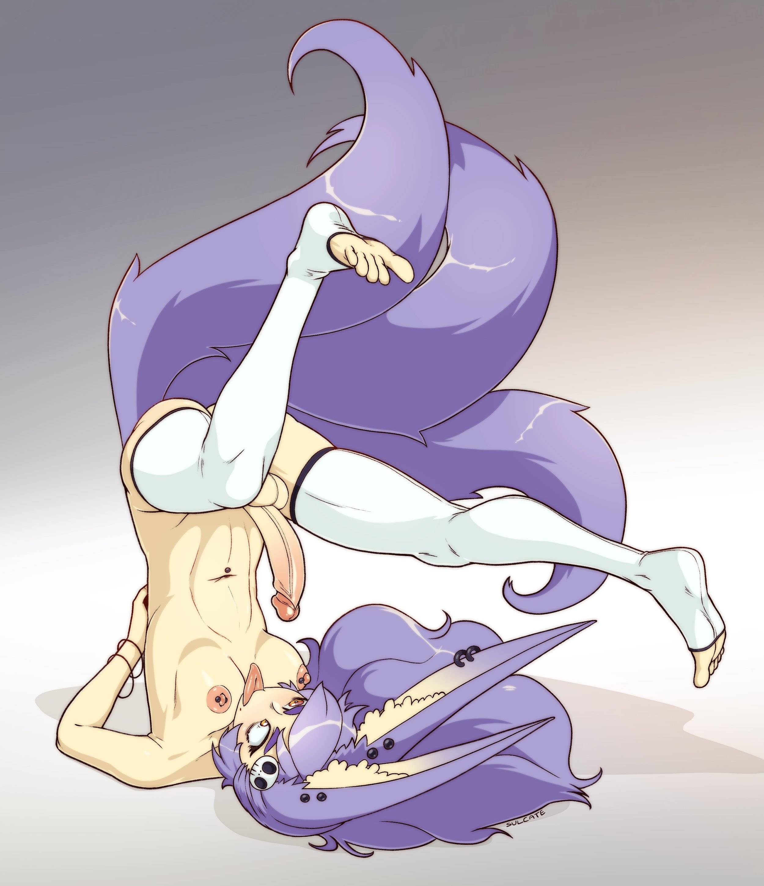 1futa, animal ears, areolae, attempted autofellatio, balls, breasts, erection, feet, female, fox girl, futa only, futanari, gradient background, horny, humanoid, humanoid penis, intersex, kemonomimi, light skin, light-skinned futa, long ears, medium breasts, nude, original, pale, pale skin, penis, piercing, solo, sulcate, tail, thighhighs, tongue, tongue out, upside-down