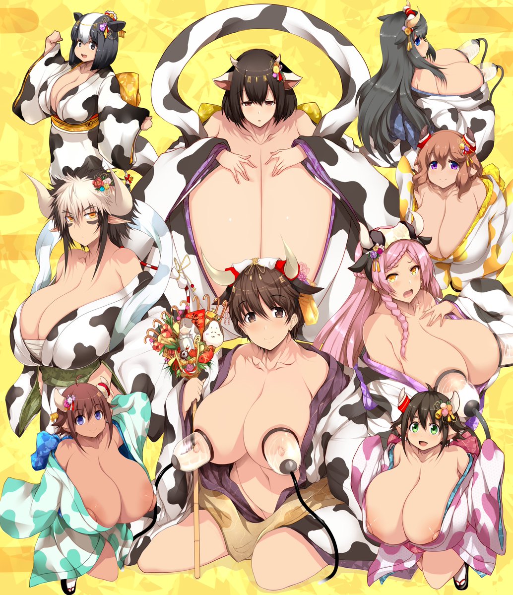 6+girls animal_ears areolae black_hair blue_eyes bovine breasts breasts_bigger_than_head brown_eyes brown_hair cathyl_(monster_musume) character_request chinese_zodiac copyright_request cow_ears cow_girl eyebrows_visible_through_hair female_minotaur gigantic_breasts green_eyes guinea_(ishuzoku_reviewers) hair_between_eyes hair_ornament hairband hands_on_own_breasts holding holding_staff holstaurus horns huge_breasts ishuzoku_reviewers japanese_clothes lactation milking milking_machine milky_(ishuzoku_reviewers) minotaur minotaur_girl monster_girl monster_musume_no_iru_nichijou multicolored_hair multiple_girls nipple_slip nipples open_clothes open_mouth pink_hair purple_eyes sandals shakujou staff tan tsukasawa_takamatsu two-tone_hair white_hair year_of_the_ox yellow_eyes