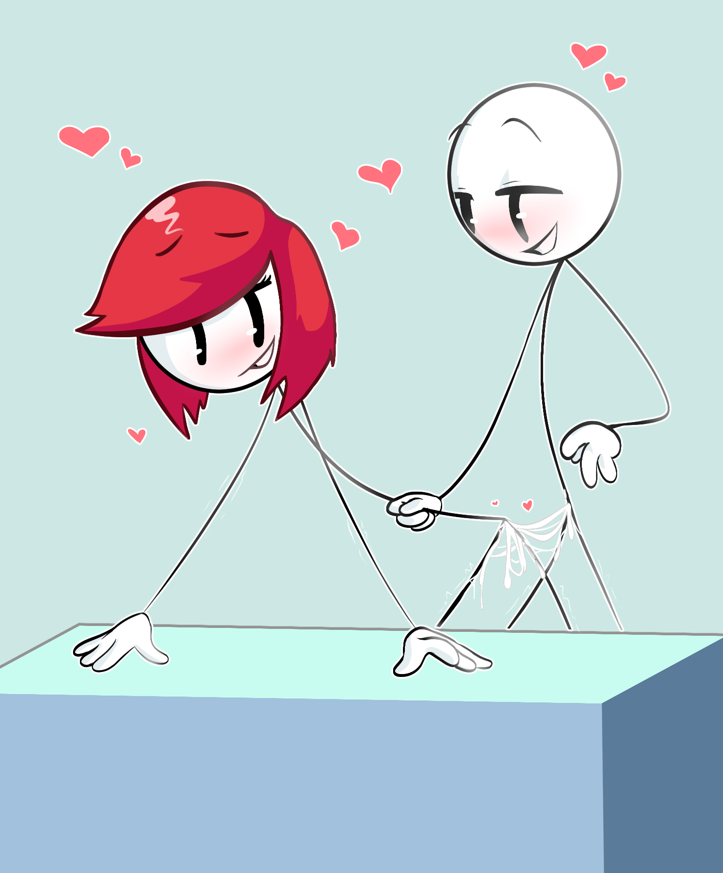 after sex, behind, blush, cum, ellie rose, enjoying, female, grabbing from behind, heart, heart emote, henry stickmin, henry stickmin (game), m00cho, male, mob face, red hair, semen, smiling, solo female, solo male, stickfigure, stickman, straight, teeth showing