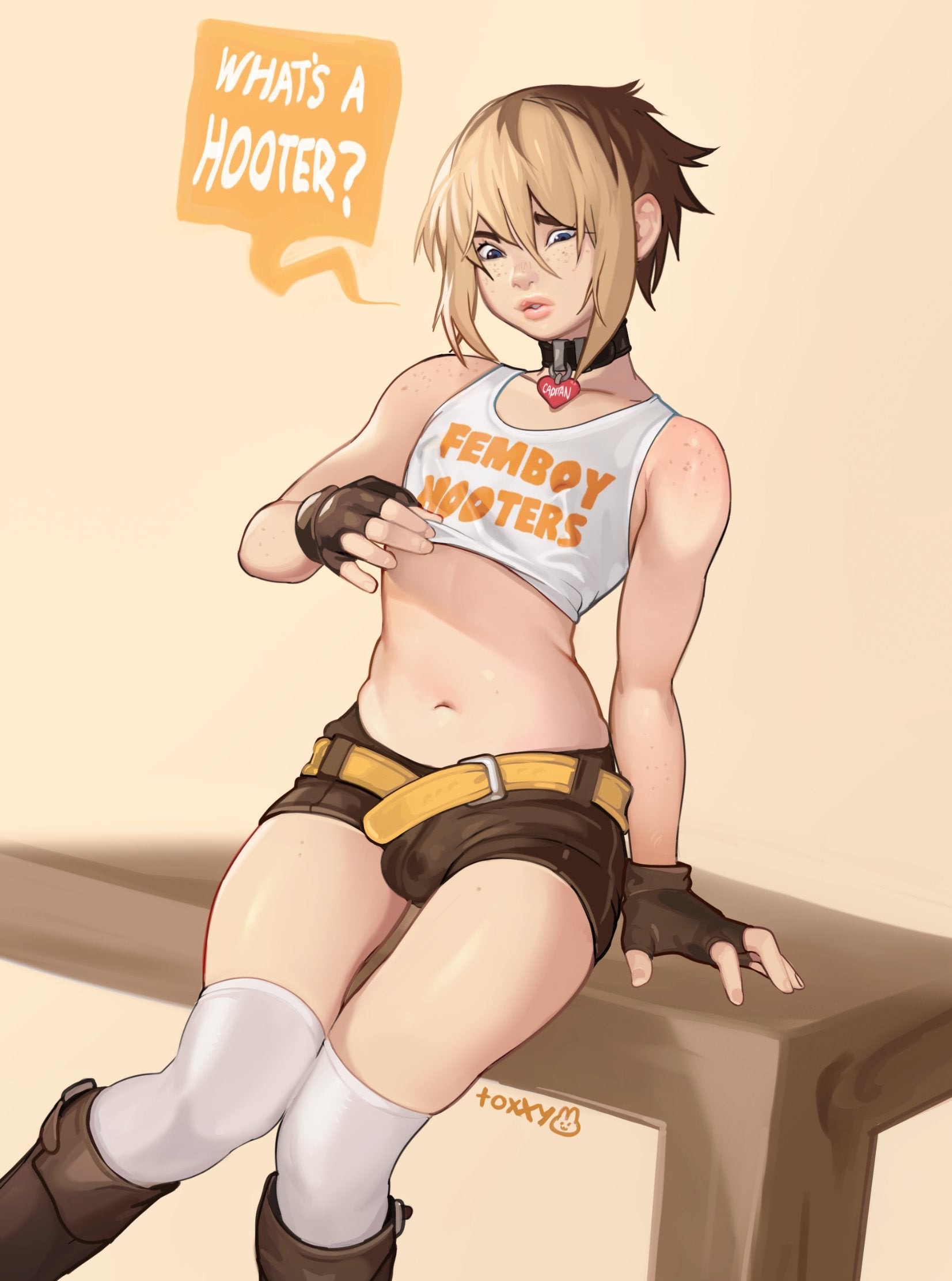 1boy, belt, bulge, choker, collar, crop top, femboy, femboy hooters, gull (venture seas), kneehighs, male, male only, midriff, multicolored hair, short shorts, solo, tank top lift, toxxy, trap, tummy, venture seas