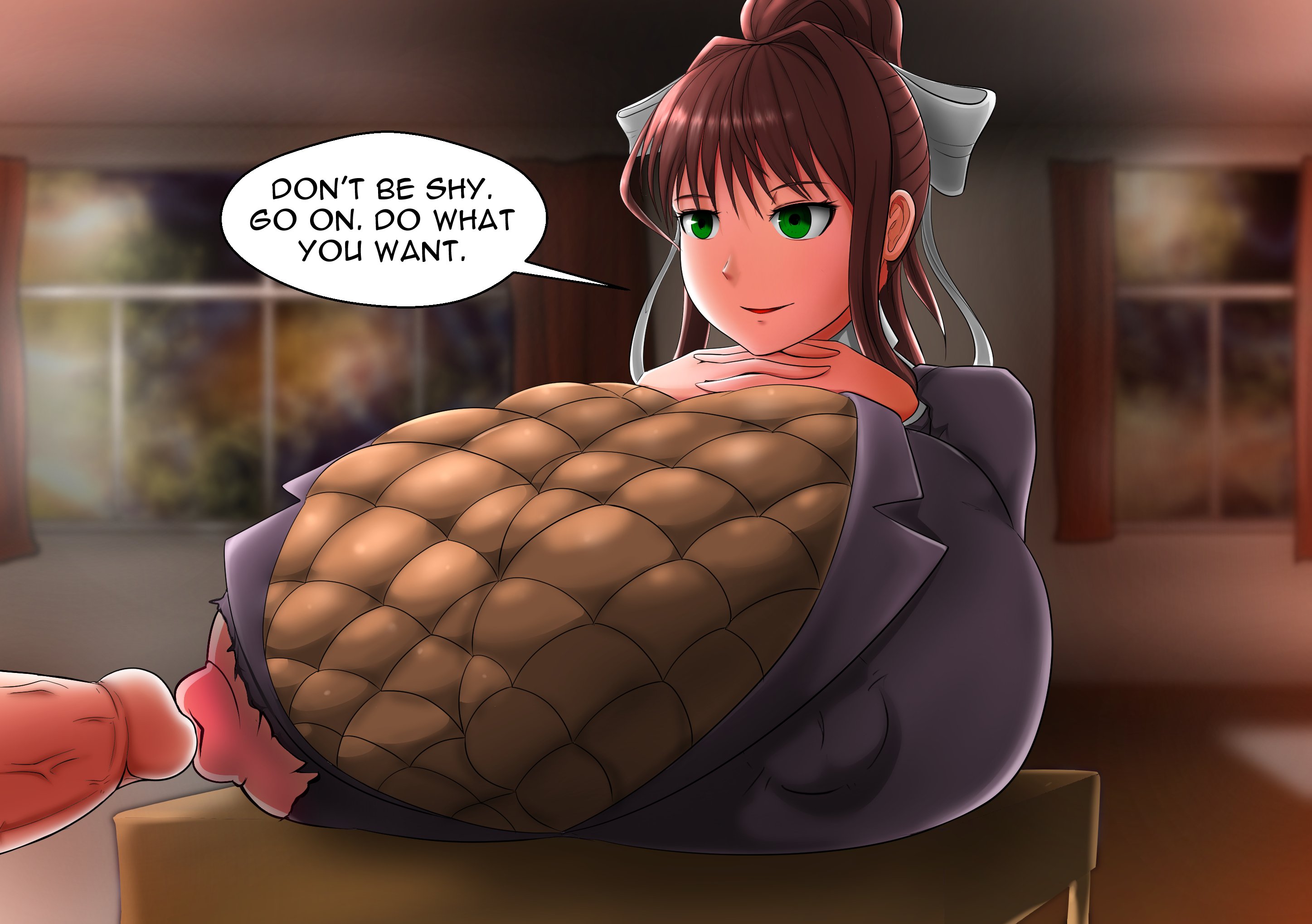 bow, breasts, brown hair, doki doki literature club, escapefromexpansion, female, gigantic breasts, green eyes, hand on breast, huge breasts, huge nipples, hyper, hyper breasts, monika (doki doki literature club), nipple bulge, nipples, speech bubble