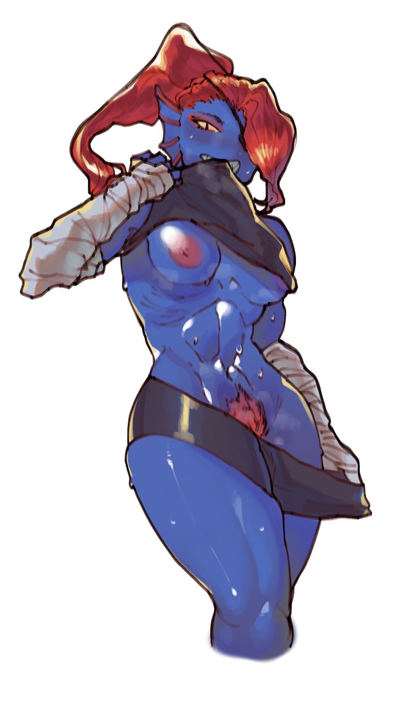 1girls, abs, anthro, blue skin, breasts, breasts out, dcoda, eye patch, female, female only, hairy, hairy pussy, medium breasts, pubes, pubic hair, pussy, red hair, undertale, undressing, undyne, wet, white background