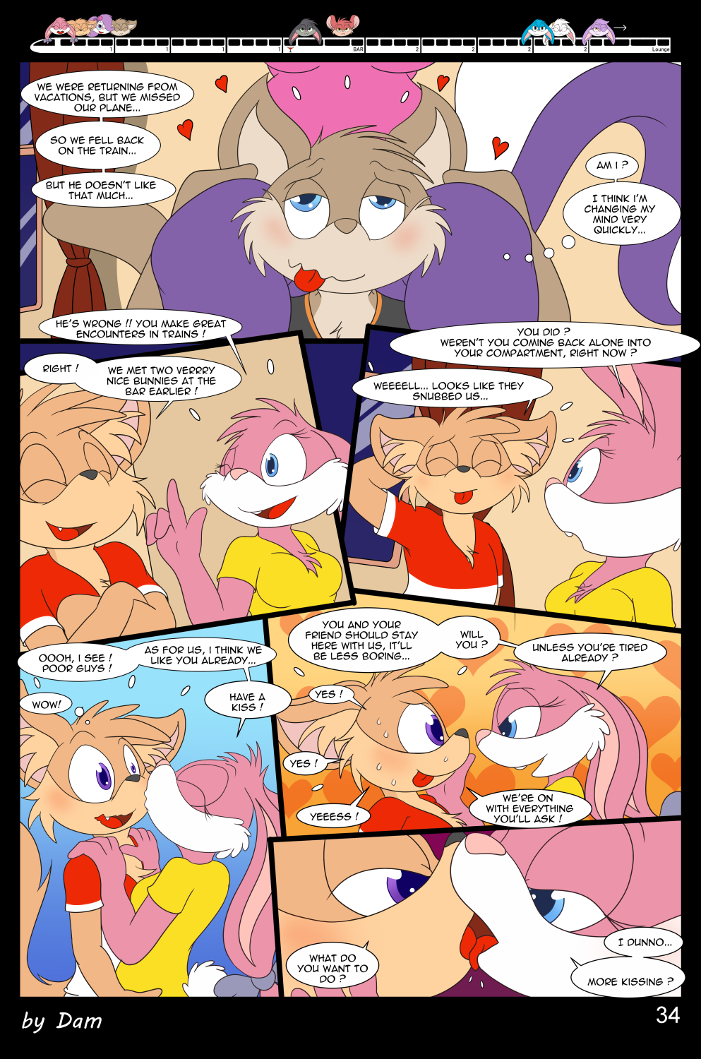 3_toes 4_fingers anthro babs_bunny breasts buster_bunny clothed clothing comic dam_(artist) dialogue english_text feet female fifi_la_fume fingers group hi_res lagomorph leporid male mammal mephitid page_34 plantigrade rabbit skunk speech_bubble straight_hair text tiny_toon_adventures toes toons toony train vehicle warner_brothers