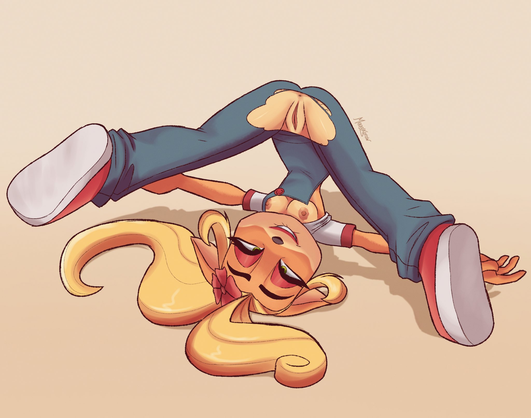 1girls, accessory, activision, anthro, anus, areola, areolae, artist name, ass, bandicoot, biting lip, biting own lip, blonde hair, breasts, coco bandicoot, countershade face, countershade torso, countershading, crash (series), crash bandicoot (series), crash on the run, dizzy, exposed breasts, exposed pussy, eyes rolling back, eyeshadow, female, flower, flower in hair, footwear, genitals, green eyes, hair accessory, hair ornament, hi res, knocked out, lip biting, magaska19, makeup, mammal, marsupial, medium breasts, multicolored body, multicolored face, multicolored skin, naughty face, nipples, no bra, orange body, orange skin, overalls, pussy, red eyeshadow, rolling eyes, shadow, shirt, shoes, short sleeves, solo, solo female, spread legs, tan body, tan countershading, tan skin, tight anus, tight pussy, torn bottomwear, torn clothes, torn clothing, torn pants, two-tone body, two-tone face, two-tone skin, vagina, wardrobe malfunction, white shirt