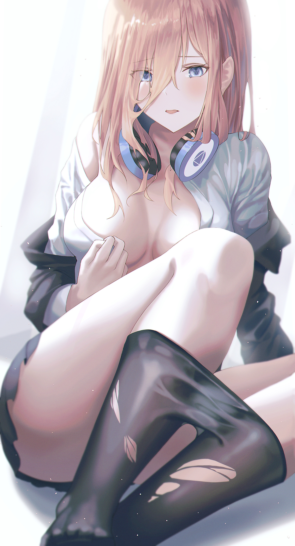 1girls, arm support, bangs, black jacket, black legwear, black skirt, blue eyes, blurry, blurry foreground, blush, breasts, brown hair, cleavage, clothes pull, clothing, depth of field, eyebrows visible through hair, eyes visible through hair, female, female only, go-toubun no hanayome, hair between eyes, headphones, headphones around neck, highres, jacket, light particles, long hair, long sleeves, looking at viewer, medium breasts, moda (mo da 3), nakano miku, off shoulder, open clothes, open jacket, open mouth, open shirt, pantyhose, pantyhose pull, shirt, sitting, skirt, solo, solo focus, torn clothes, torn legwear, undressing, white shirt