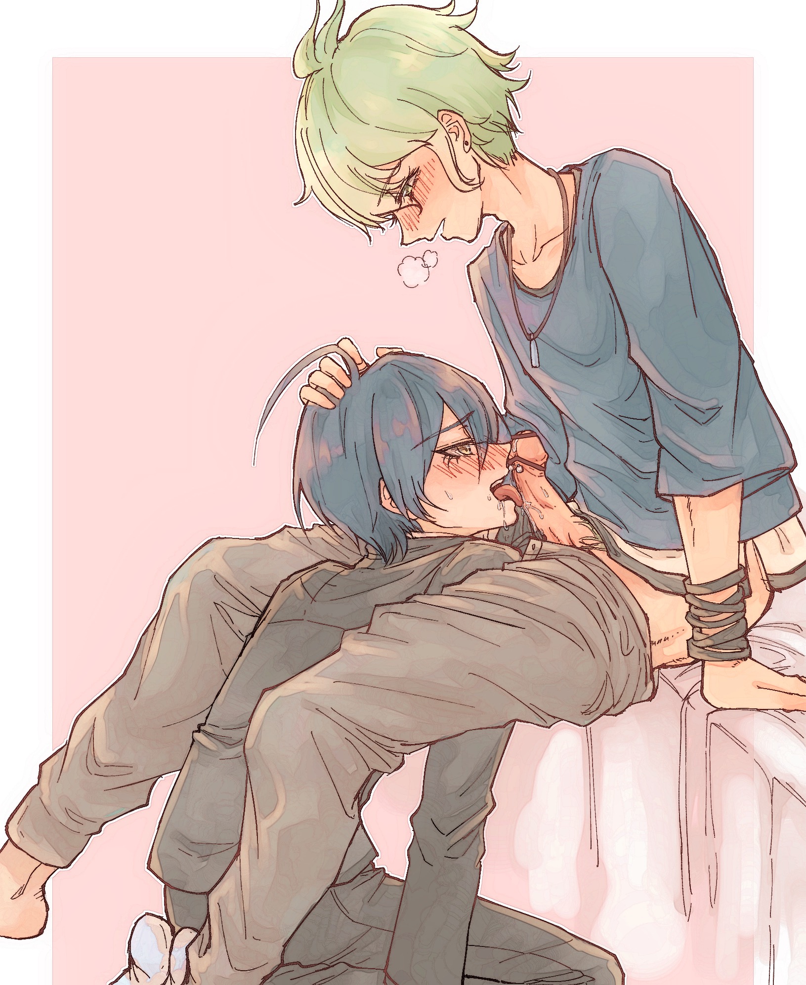 2boys, ahoge, bar censor, blowjob, blue hair, blue shirt, blush, bracelet, breath, censored, color, crying, danganronpa, danganronpa v3, earrings, erection, femboy, feminine male, gay, girly, green eyes, green hair, hand on head, holding, licking penis, long eyelashes, male, male only, necklace, open mouth, oral, penis, rantaro amami, saihara shuuichi, sitting on bed, skinny, smiling, smooth skin, submissive male, sweat, tears, tongue, tongue out, uniform, yaoi, yellow eyes