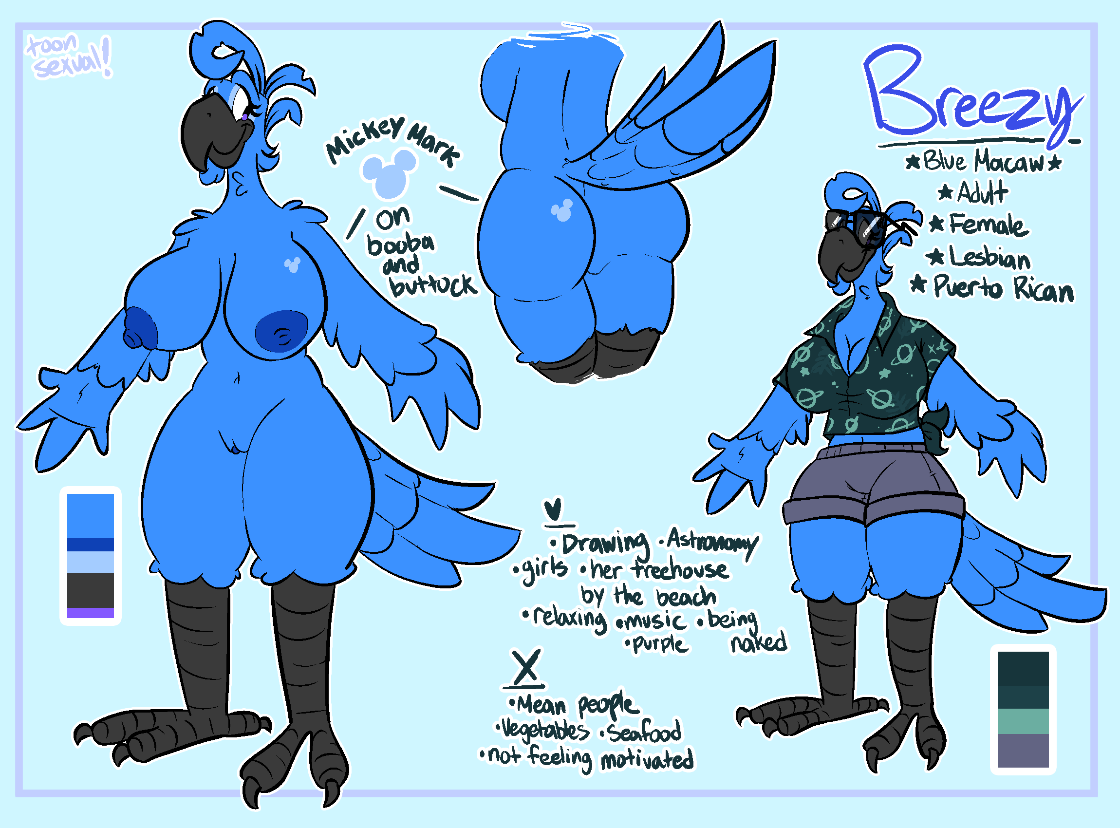 anthro areola ass avian beak big_breasts big_butt bird bird_feet blue_body breasts clitoris feathers female genitals hi_res macaw mickey_mouse_symbol model_sheet neotropical_parrot nipples non-mammal_breasts parrot solo tail_feathers thick_thighs toonsexual toony true_parrot