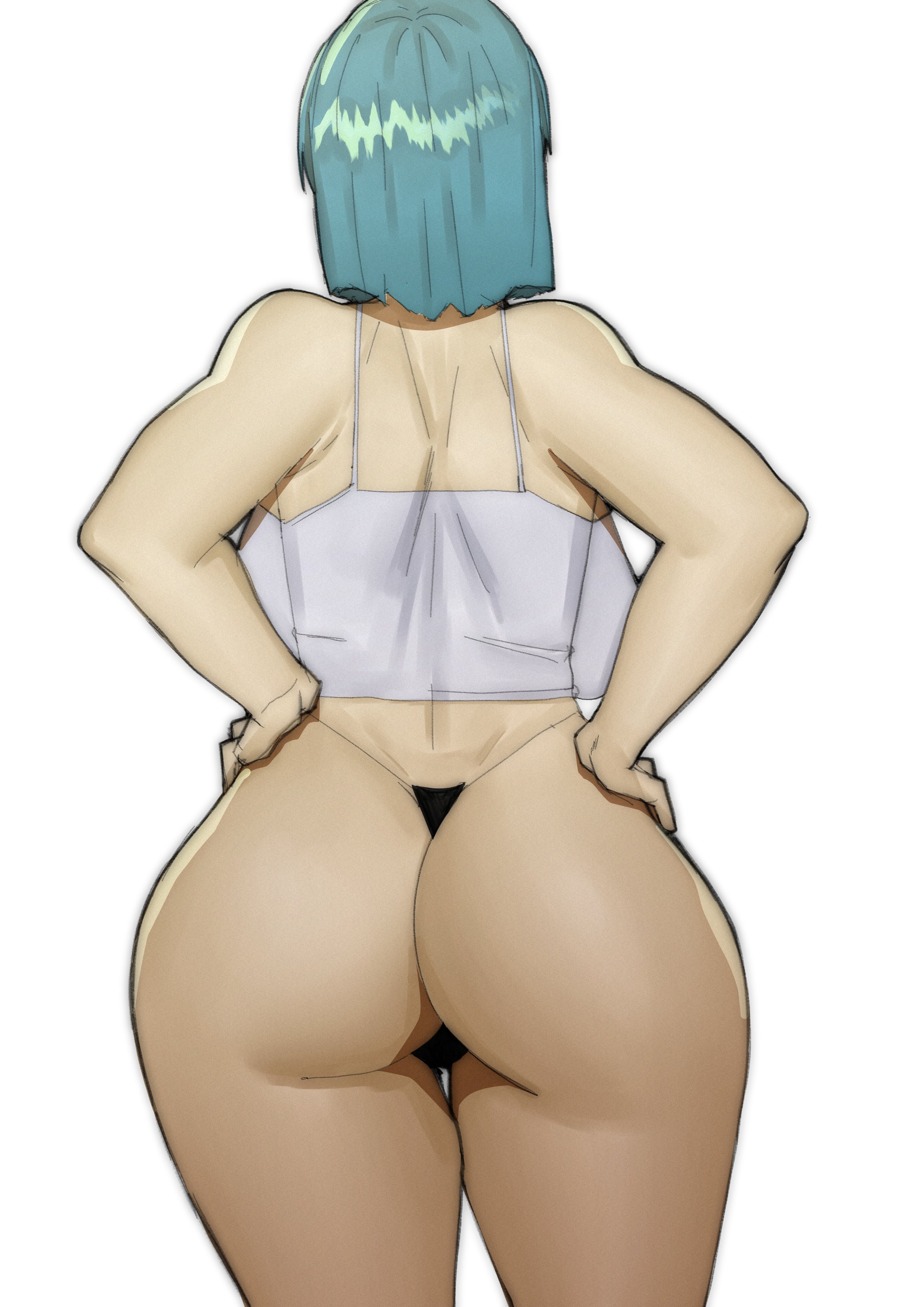 1girls, about to burst, ass, ass too big, back view, barely contained, barely contained ass, barely fits, blue hair, breasts, bulma briefs, bulma briefs (androids' saga), doublehero, dragon ball, dragon ball z, female, female only, huge ass, huge breasts, inconvenient ass, no eyewear, short hair, solo female, thick thighs, thong, tight fit, too tight, undersized clothes, undersized clothing, wardrobe malfunction, white background, white shirt