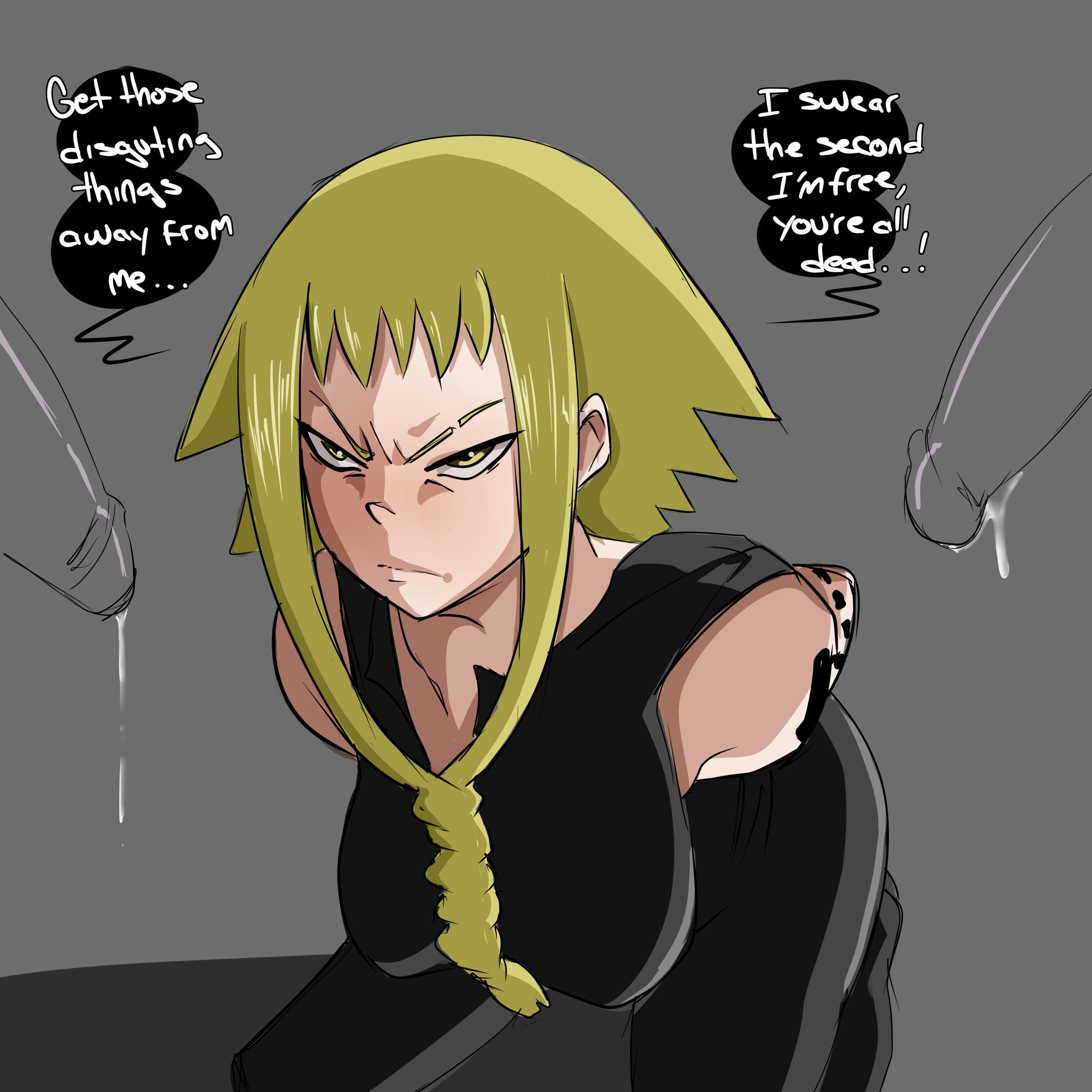 angry, angry face, blonde hair, breasts, dripping, dripping cum, female, hanging breasts, inuyuru, medium breasts, medusa gorgon, soul eater, tattoo, tattoos, white, white skin, yellow eyes