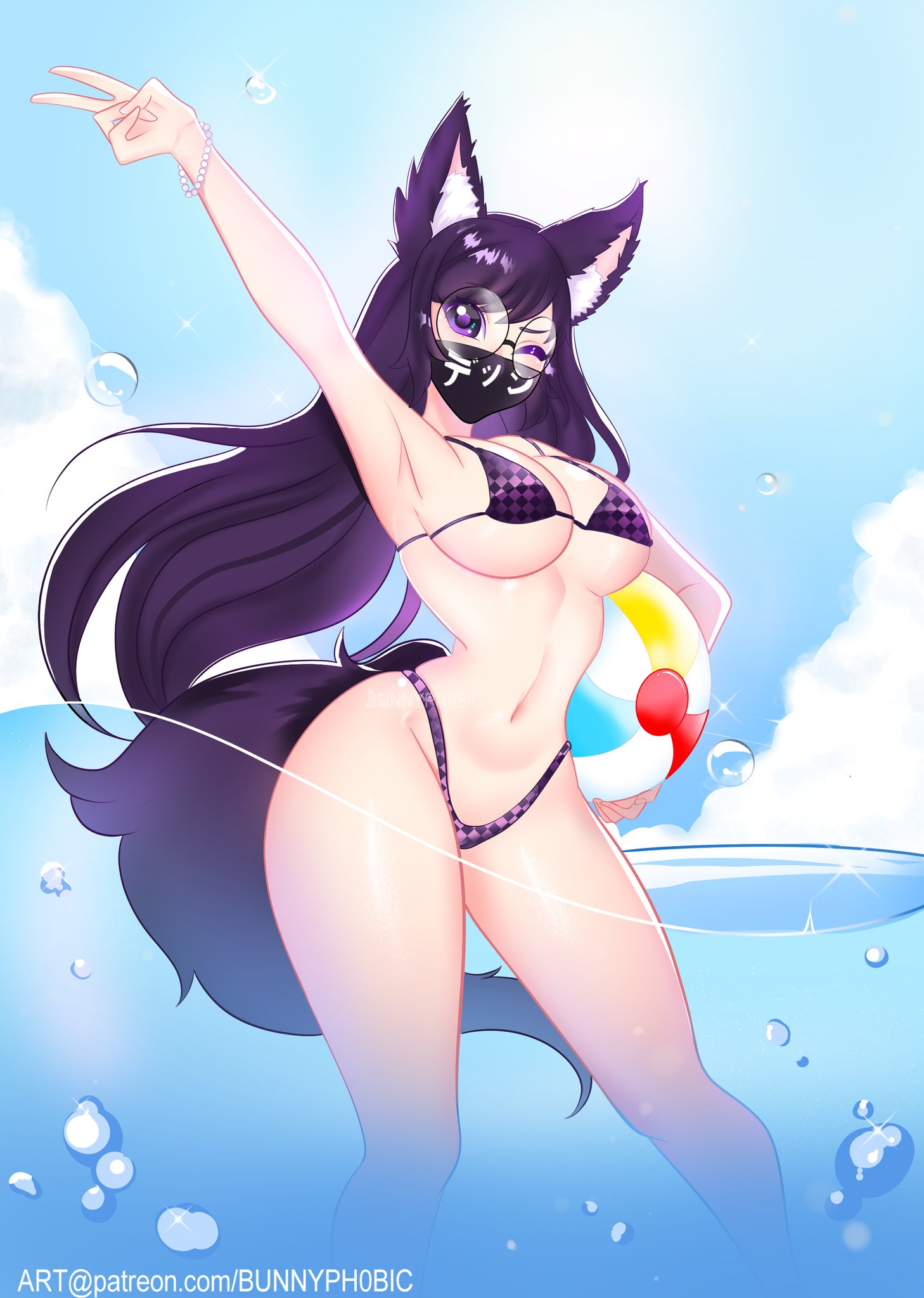 1girls, animal ears, animal tail, arm up, armpit, beach ball, bikini, black mask, breasts, bunnyph0bic, cloud, clouds, eyebrows visible through hair, face mask, female, female only, glasses, holding object, kemonomimi, light skin, light-skinned female, long hair, mask, medium breasts, micro bikini, mitsuki (hanns33694210), navel, one eye closed, original, original character, pale skin, pale-skinned female, patreon url, peace sign, purple bikini, purple bikini bottom, purple bikini top, purple eyes, purple hair, sky, solo, solo female, standing, stomach, swimsuit, thighs, v, water, wolf girl