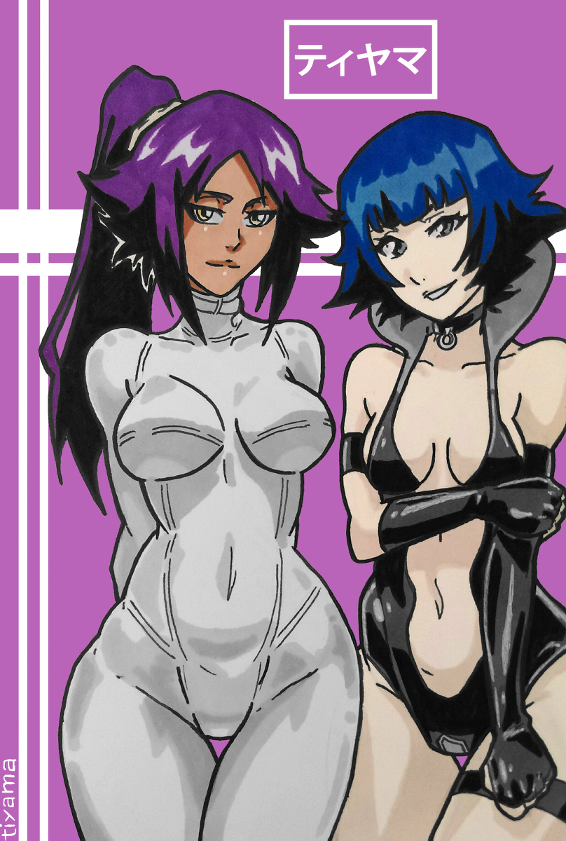 2girls black_eyes bleach blue_hair choker collar dark_skin high_ponytail latex latex_suit long_hair multiple_girls pale_skin ponytail purple_hair rubber rubber_suit shihouin_yoruichi short_hair shy smile smug smug_face soifon tiyama yellow_eyes yuri