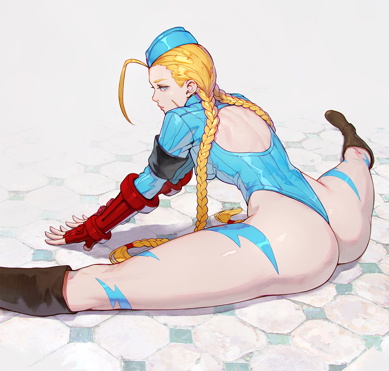 1girls, ass, ass focus, back cutout, big ass, blonde hair, blue clothing, blue eyes, cammy white, female, female focus, female only, flexible, hat, leotard, long legs, on the floor, shuichi wada, solo, solo female, solo focus, street fighter, stretching, tattoo, thick thighs
