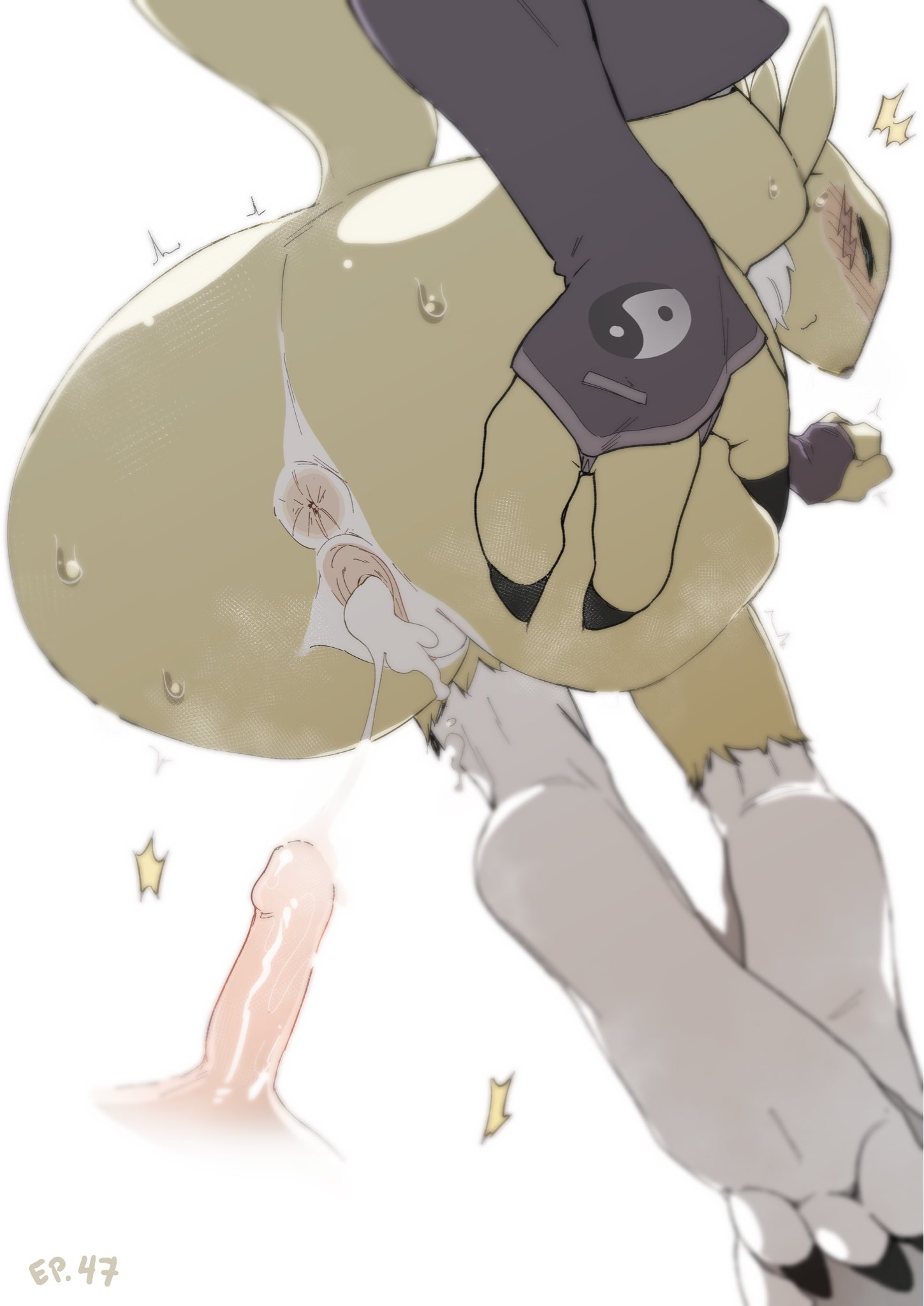 3 fingers, all fours, anthro, anus, arm warmers, armwear, ass, ass grab, bent over, black sclera, blue eyes, blush, bodily fluids, butt grab, claws, clothing, cum, cum in pussy, cum inside, digimon, digimon (species), disembodied penis, duo, dutch angle, faceless male, feet, female, fingers, fur, genital fluids, genitals, hand on ass, hand on butt, hi res, human, human on anthro, interspecies, male, male/female, mammal, penis, puffy anus, pussy, renamon, simple background, spaghett8, spaghetto087, spread ass, spread butt, spreading, sweat, yellow body, yellow fur