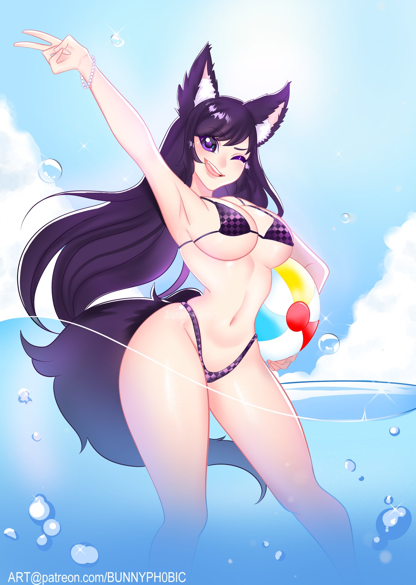 1girls, animal ears, animal tail, arm up, armpit, beach ball, bikini, breasts, bunnyph0bic, cloud, clouds, eyebrows visible through hair, fang, female, female only, holding object, kemonomimi, light skin, light-skinned female, long hair, medium breasts, micro bikini, mitsuki (hanns33694210), navel, one eye closed, open mouth, original character, pale skin, pale-skinned female, patreon url, peace sign, purple bikini, purple bikini bottom, purple bikini top, purple eyes, purple hair, sky, smile, solo, solo female, standing, stomach, swimsuit, thighs, v, water, wolf girl