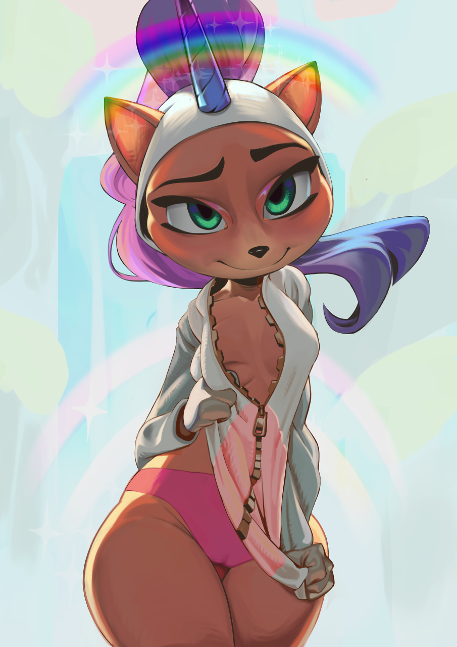 1girls, activision, anthro, bandicoot, breasts, cameltoe, coco bandicoot, costume, crash (series), feliscede, female, furry, hips, marsupial, narrow shoulders, navel, panties, pink panties, pussy, rainbow, small breasts, thick thighs, undressing, unzipping, wide hips
