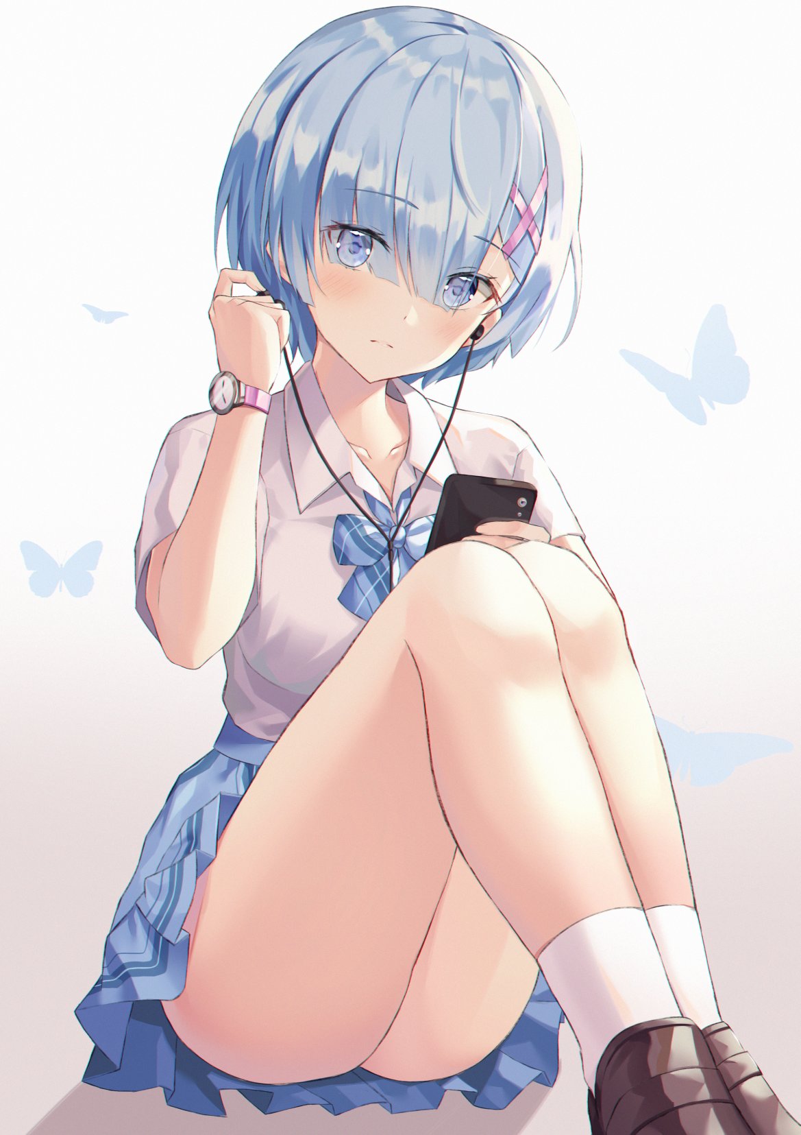blue eyes, blue hair, eyes visible through hair, female, hyonee, looking at viewer, re:zero kara hajimeru isekai seikatsu, rem (re:zero), sitting, skirt, thighs, white shirt, white socks, x hair ornament